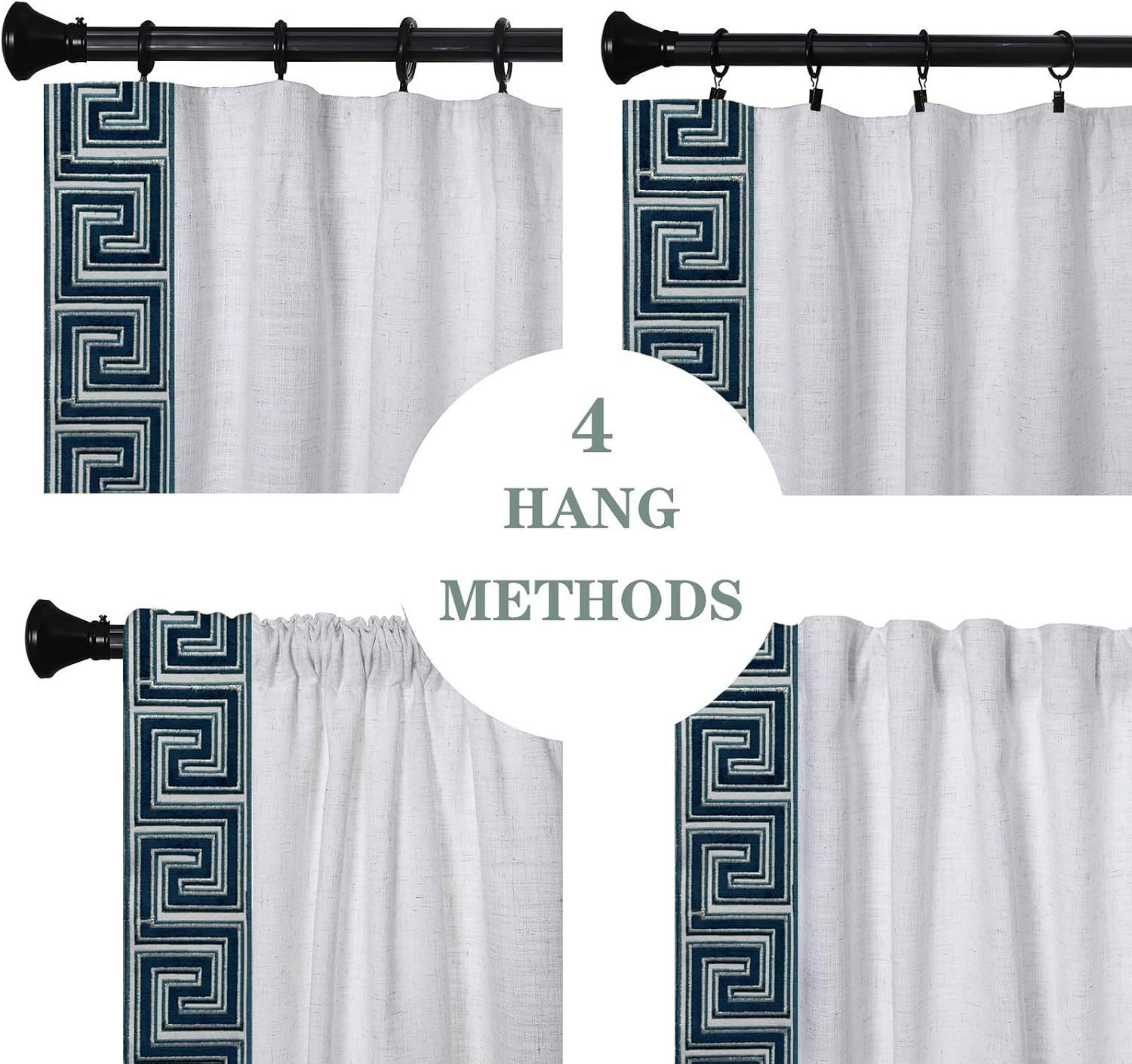 Natural Linen Embroidered Border Curtains, Rod Pocket Back Tab Room Light Filtering Indoor Privacy Window Panel, Suitable for Bedrooms and Living Rooms (2 Panels,Snow White G1,50Wx84L)