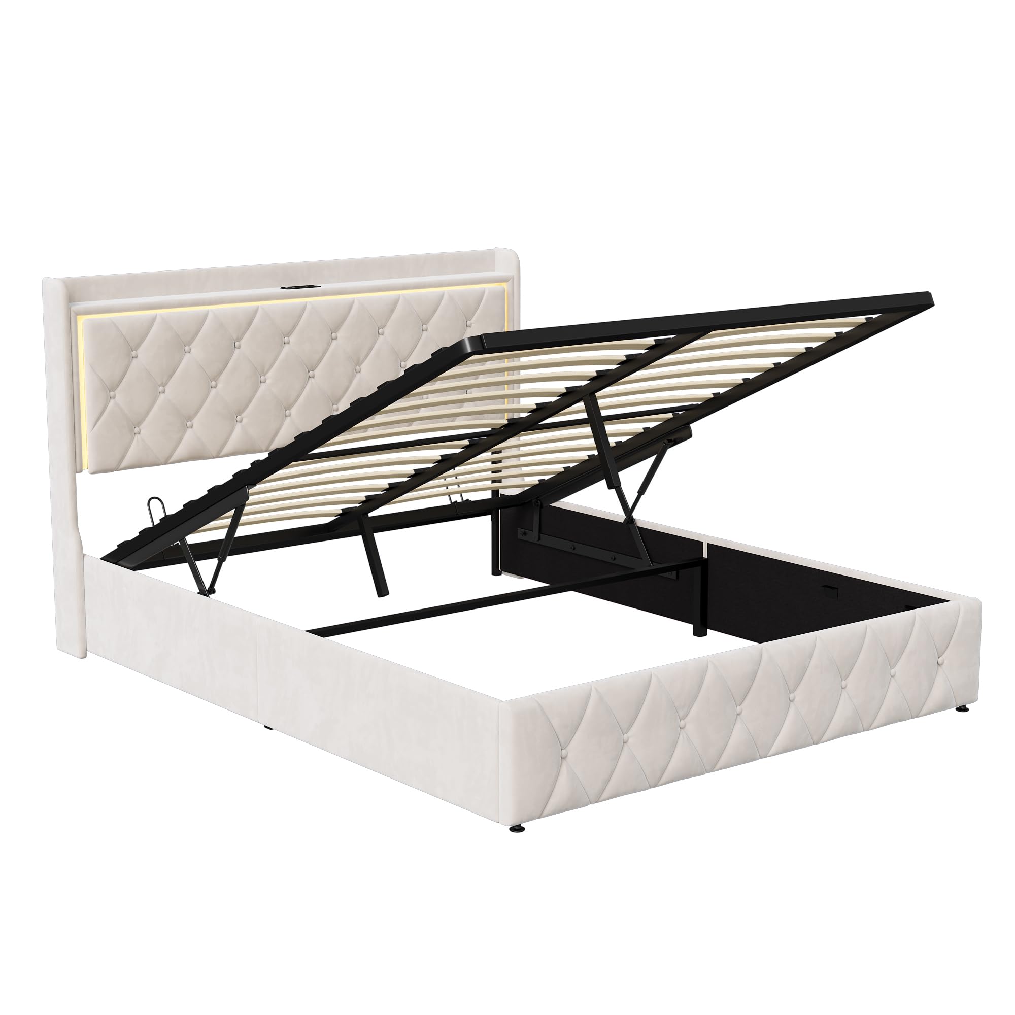 Cama Canapé 140x190 cm con LED y USB, Cama Doble Tapizada en Terciopelo Beige con Somier de Lamas, Cabecero con Almacenaje, Diseño Capitoné (Beige A, 140x190cm)