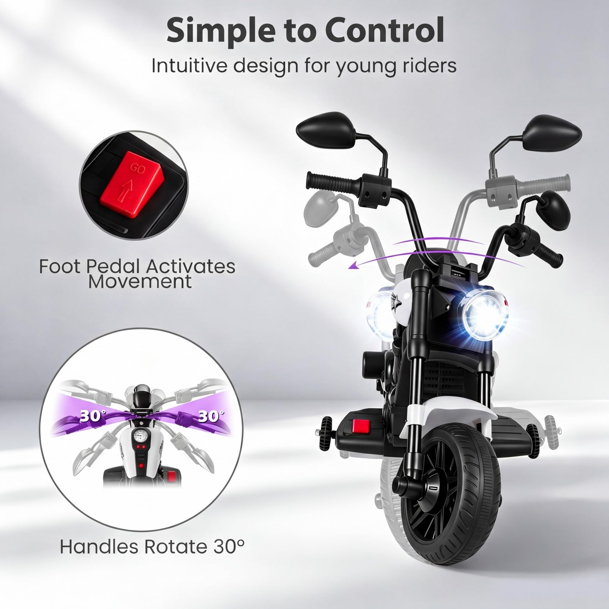KOMFOTTEU Moto Eléctrica para Niños, Moto de Batería de 6 V con Faro, Música, 2 Ruedas de Entrenamiento y Pedal, Motocicleta Eléctrica con Arranque con un Botón para Niños de 3+ Años (Blanco)