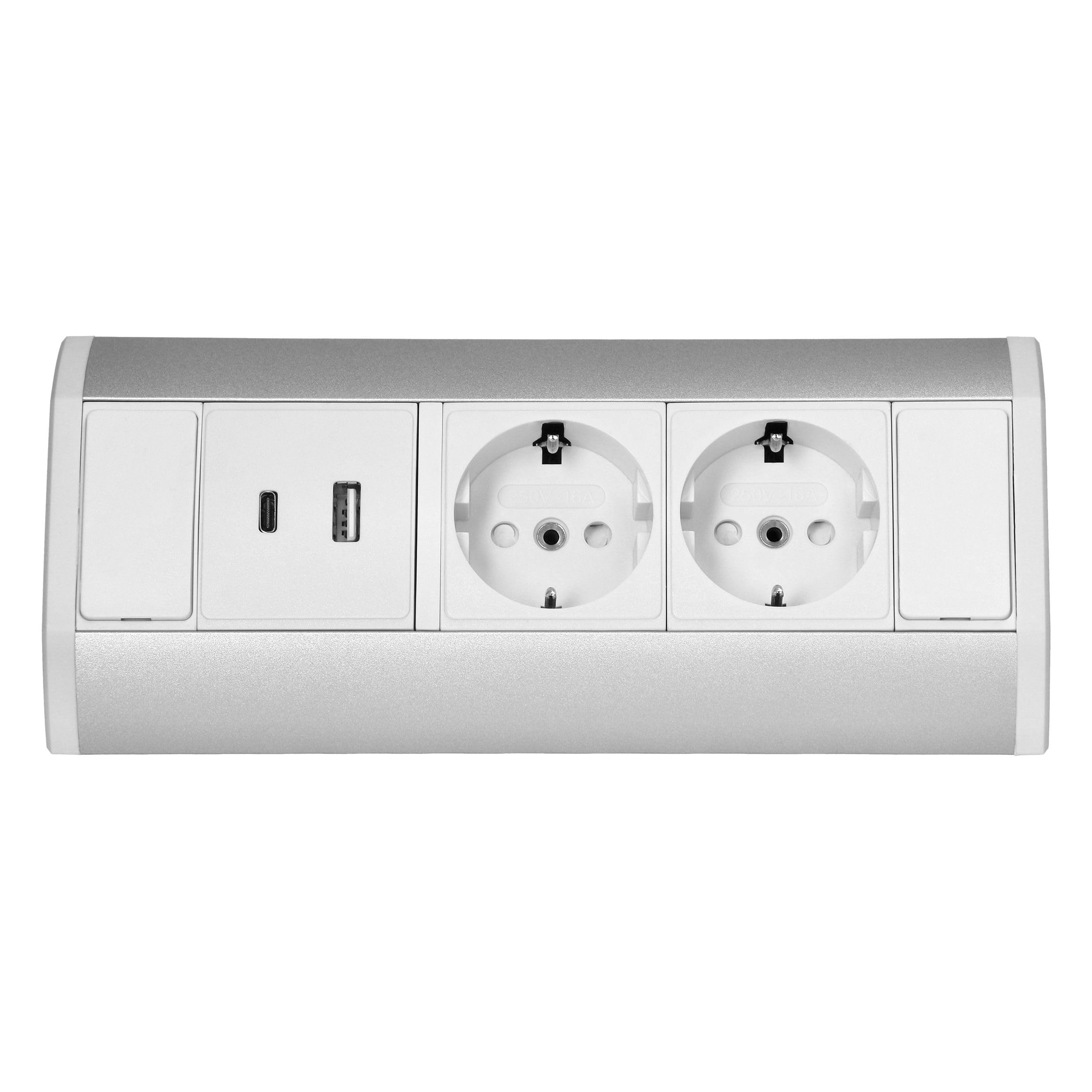 Enchufe para muebles de 2 enchufes y USB-A y USB-C blanco cable de 0,6 m – Enchufe para escritorio, cocina y oficina – 3680 W, 230 V, IP20 – Regleta de enchufes múltiple