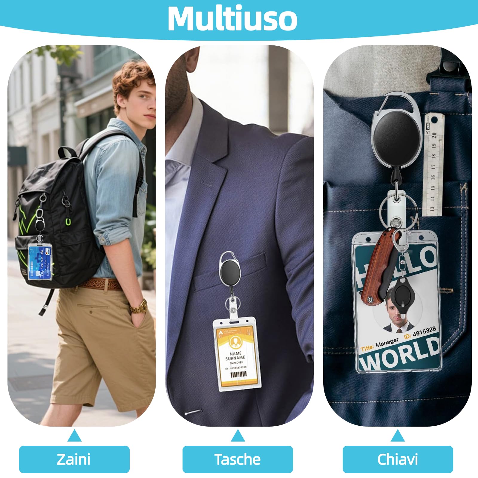 Porta Badge con Portachiavi Retrattile 3 Pezzi, Plastica PC Extra Spesso Trasparente