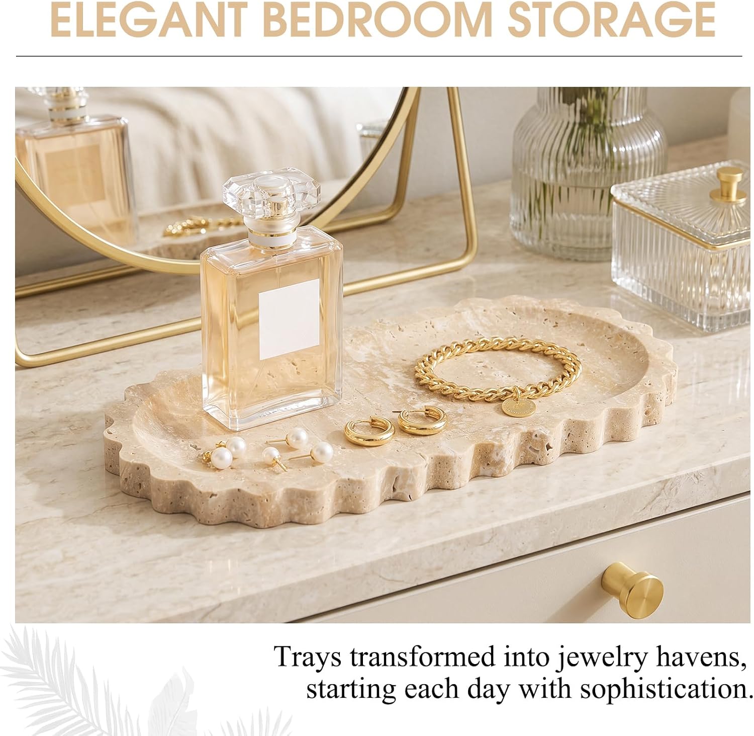 Hushee Travertine Vanity Tray with Scalloped Pattern Edge, 12"x6"