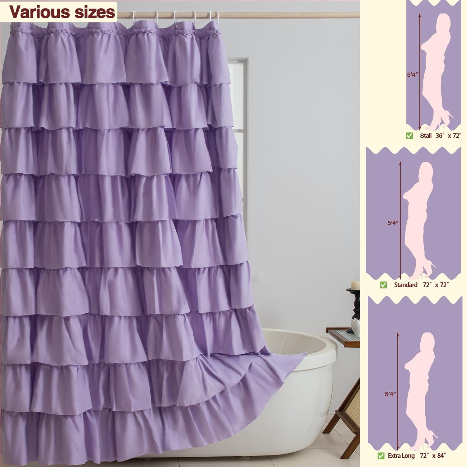 Purple Shower Curtain with Ruffled Layers, Lavender Bathroom Drapery for Farmhouse & Shabby Chic Decor, Elegant Textured Fabric, Extra Long 72 x 84 inch Stylish Bath Accessory