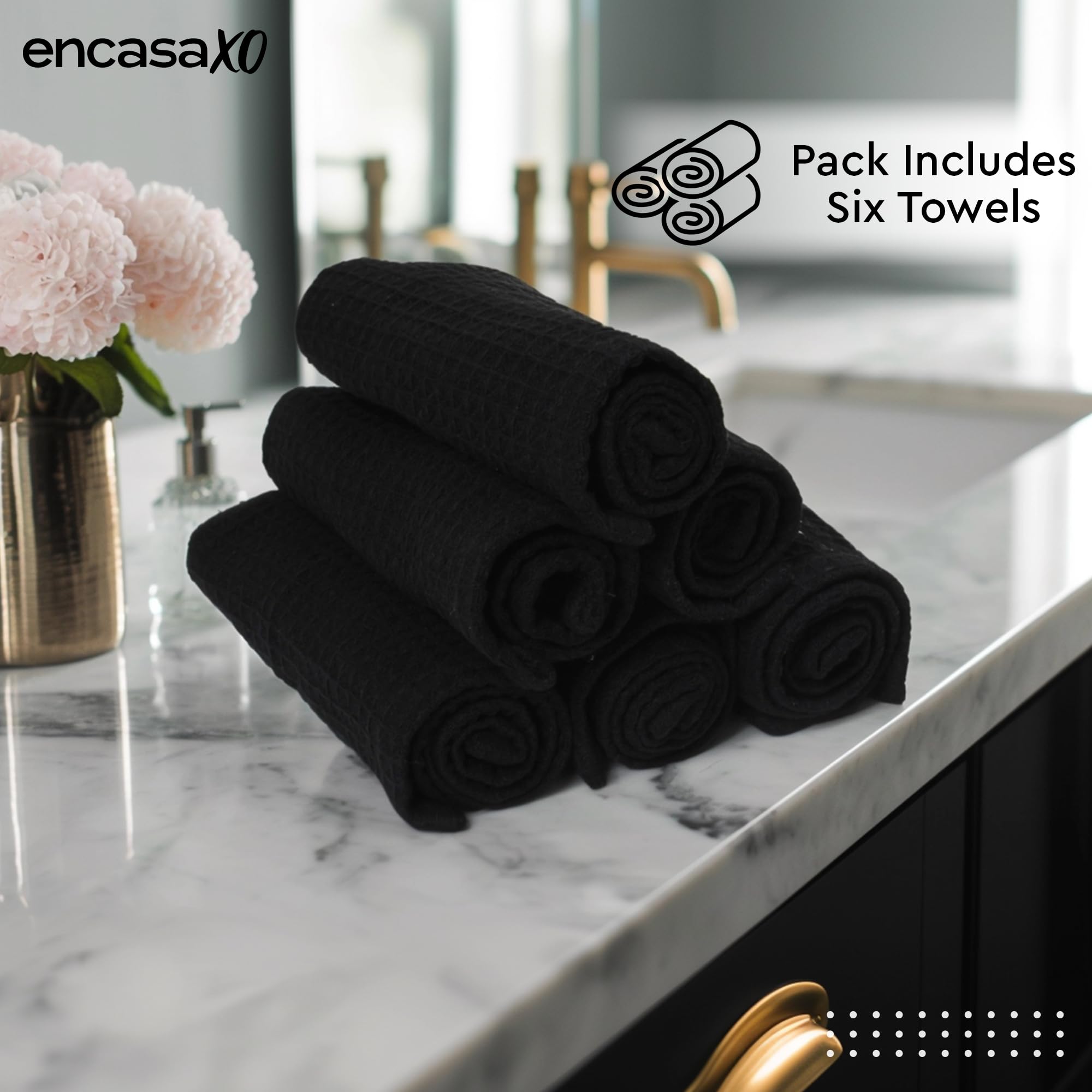 Encasa XO Face Towels, Cotton Waffle Hand Towel, Dish Cloths Black