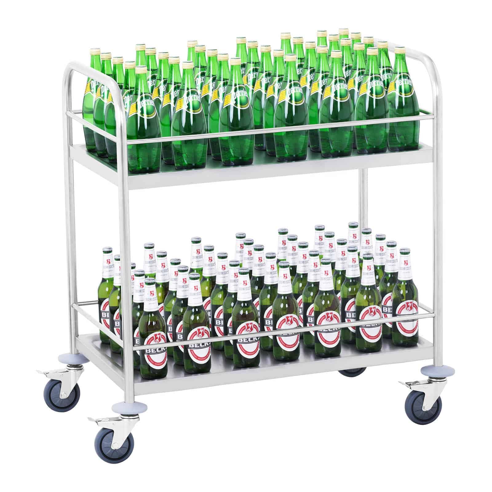 Royal Catering - Servierwagen Küchenwagen (2 Borde, 2 x 50 kg Tragkraft, 85 x 52,5 x 94,5 cm, 48 cm Abstand, Leichtlaufräder, Feststellbremse, Edelstahl) Silber