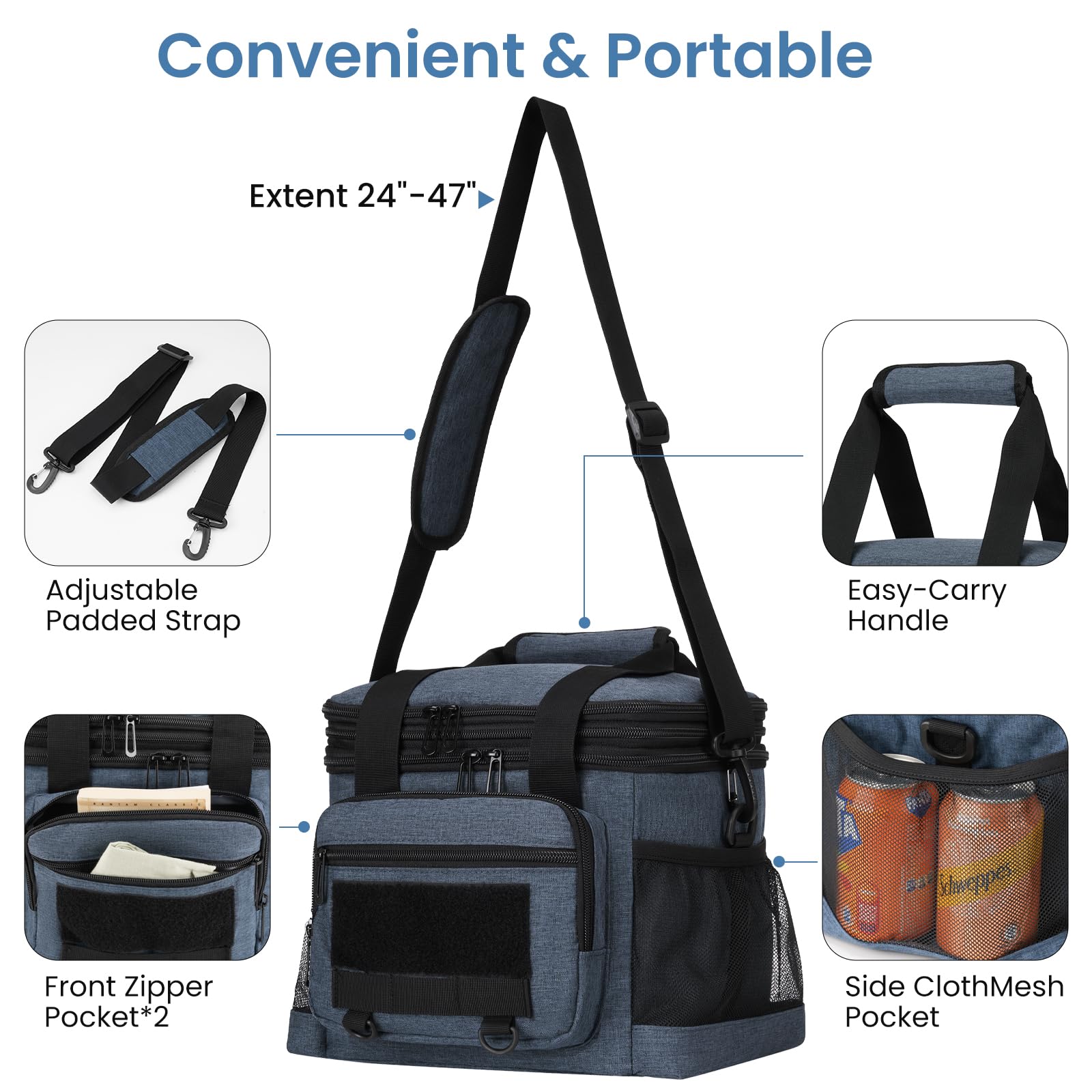 Borsa termica per il pranzo da uomo, grande, isolata ed espandibile, a prova di perdite, per lavoro, campeggio, spiaggia, turni, picnic all'aperto, volo, resistente, per adulti (16 l, blu)