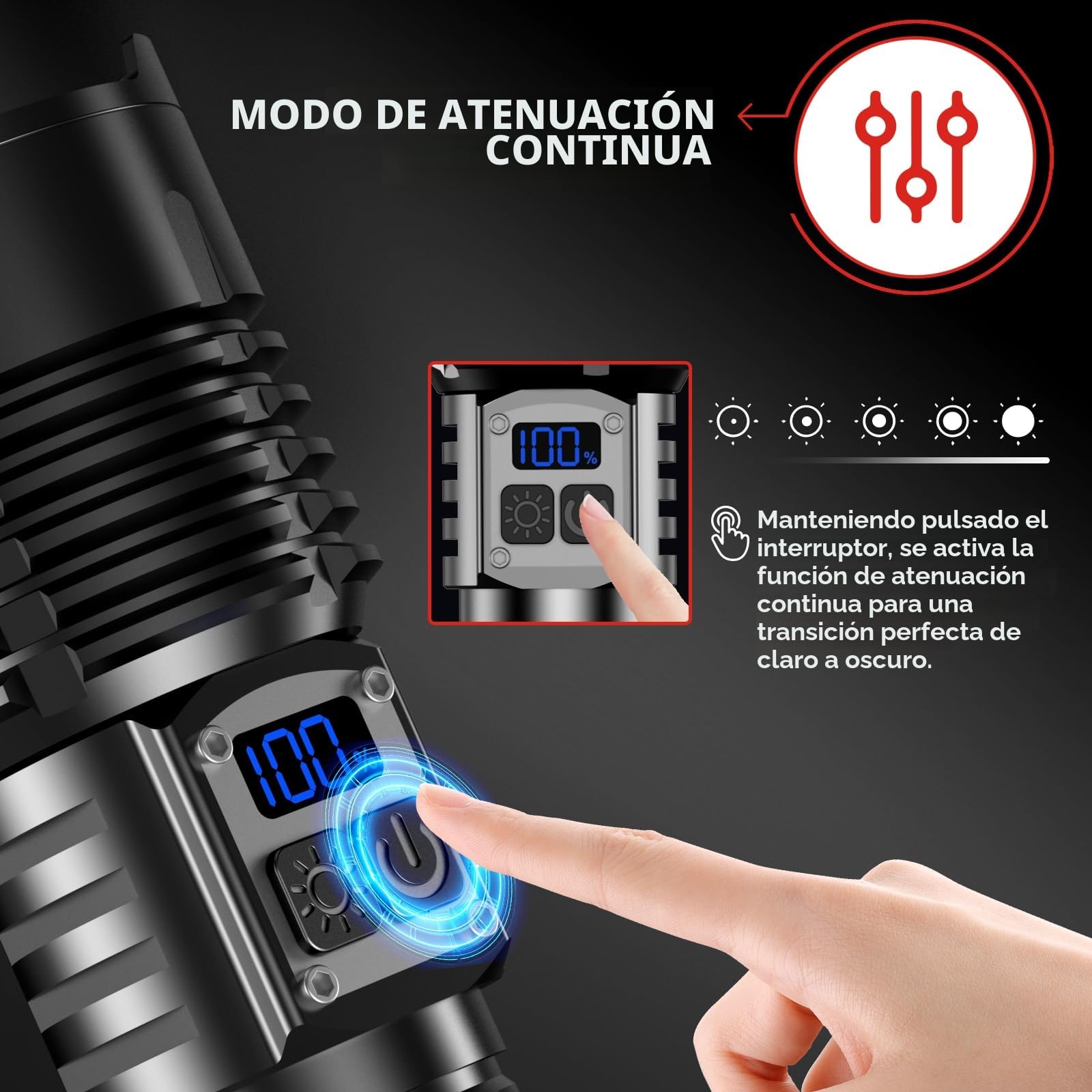 Linternas LED Alta Potencia 1,000,000 Lúmenes, 50W 2 Interruptores Linterna Led Recargable, Linterna Potente Tactica, VariacióN Infinita & IP67 Linternas Potentes para Emergencia Camping