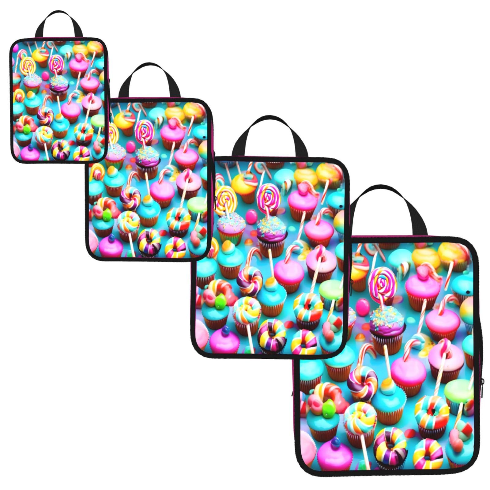Colorful Sweet Lollipop Cupcake Donut Print 4 Set Compression Packing Cubes for Suitcases,Expandable Storage Bags Organizers