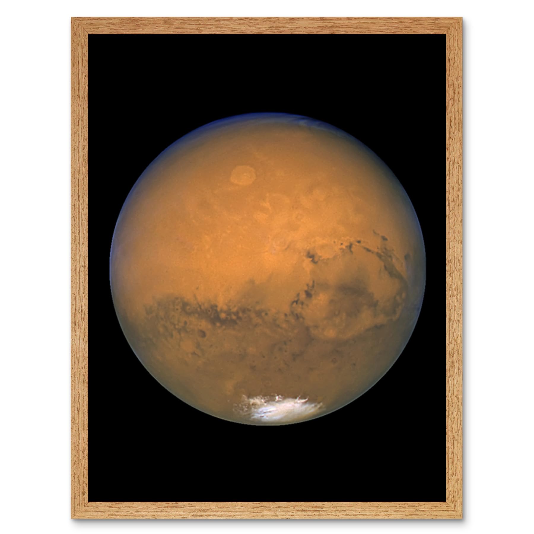 Hubble Space Telescope Image View Mars Red Planet Olympus Mons Volcano Valles Marineris Canyons Solis Lacus Dark Marking Southern Polar Ice Cap Artwork Framed Wall Art Print 9X7 Inch