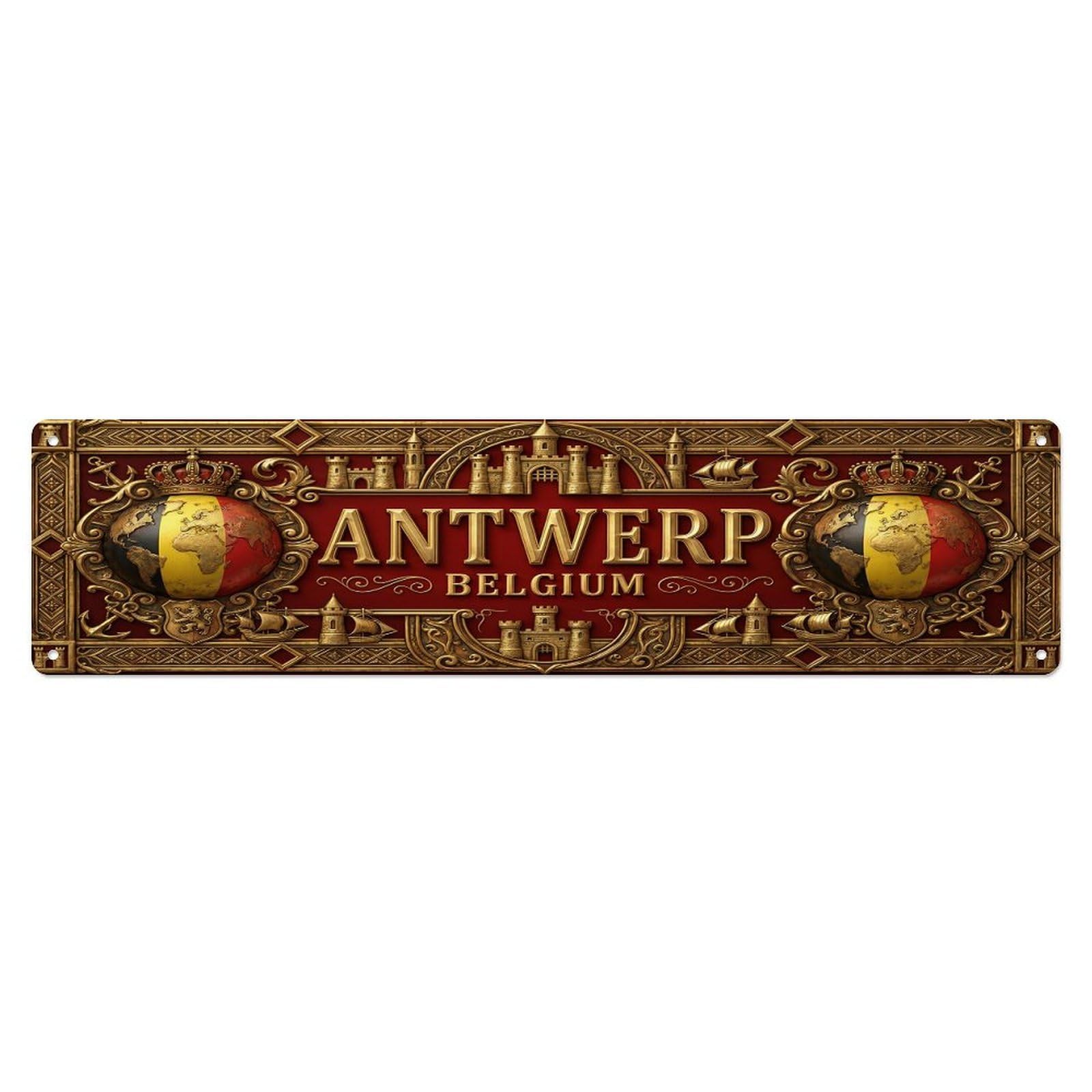 Olhnbad 4X16inch(10X40cm) Vintage Antwerp Belgium Flag Pattern Metal Tin Sign