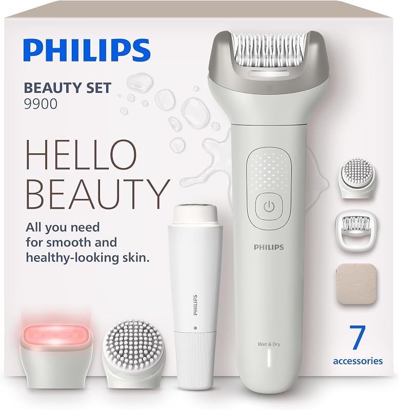 Beauty Set - All-in-One Set for Body and Face, Cordless Wet and Dry Use, for Hair Removal, Body and Skincare, Epilator with 7 Accessories, Model BRE738/00