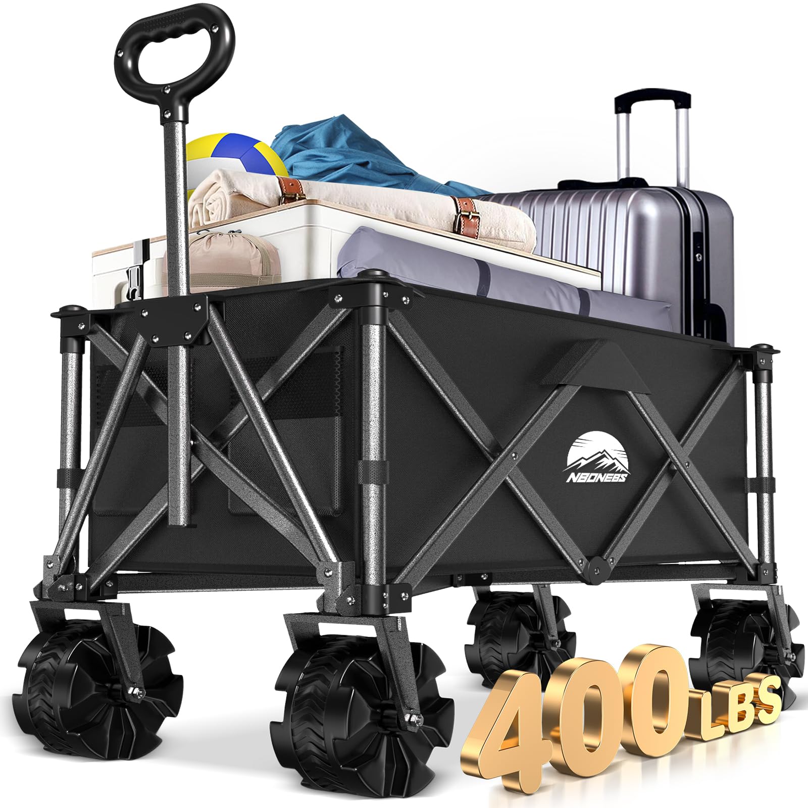 Collapsible Folding Wagon Cart Heavy Duty,Beach Wagon with Big Wheels,Utility Grocery Wagons Carts with Side Pocket for Outdoor Garden,Camping,Shopping and Sports, R-Black Black-t1