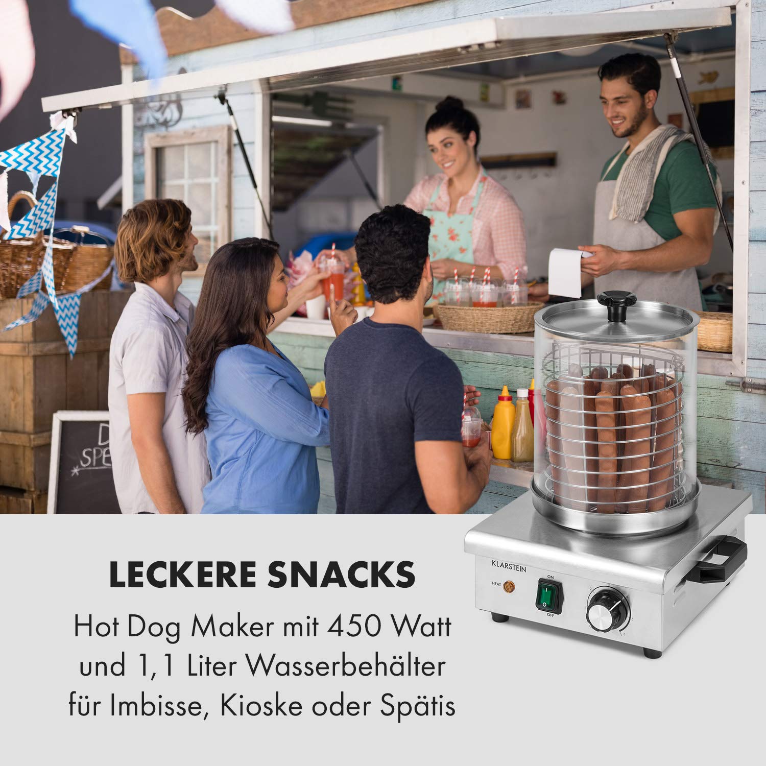 Klarstein Pro Wurstfabrik 450 Profi Hot Dog Maker, 450 Watt, 30-100 °C, Glaszylinder: Ø 20 cm, unterteilbarer Edelstahlkäfig: Ø 17 cm / 5 Liter, Edelstahl, Wassertank: 1,1 Liter, silber