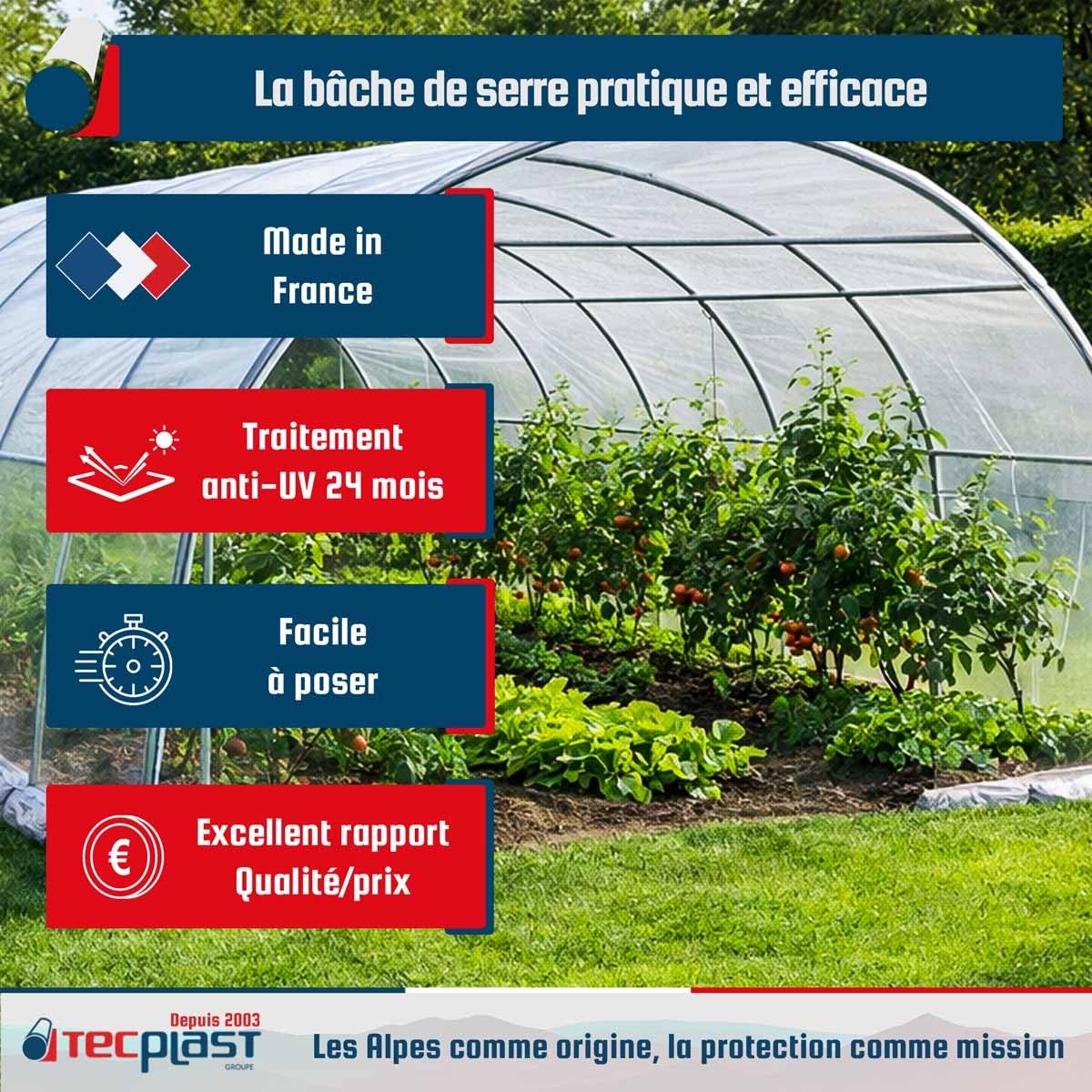 TECPLAST Bâche Serre 6x3 m 200SE - Film Plastique Transparent pour Serre de Jardin - Haute Performance - Made in France