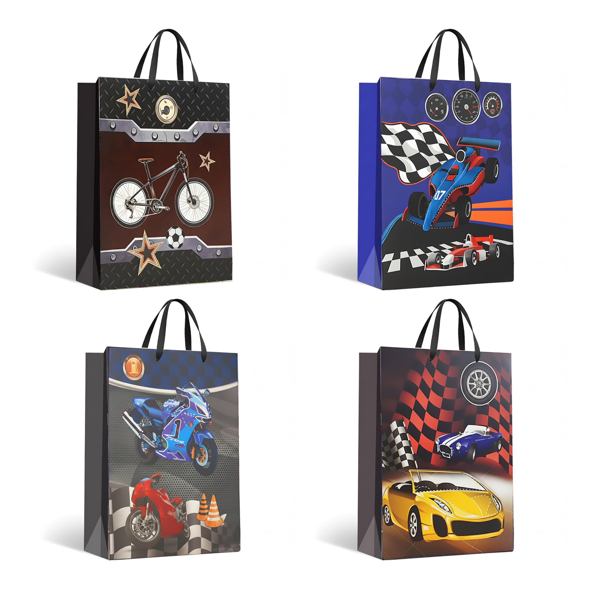 12Pcs Medium Gift Bag for Present 4 Different Assorted3D Hot Stamping Gift Bag 26x32x10 CM with Handles Vehicle Theme bags for Kids Adults Ideal for Presents Parties Birthdays Weddings Baby Showers