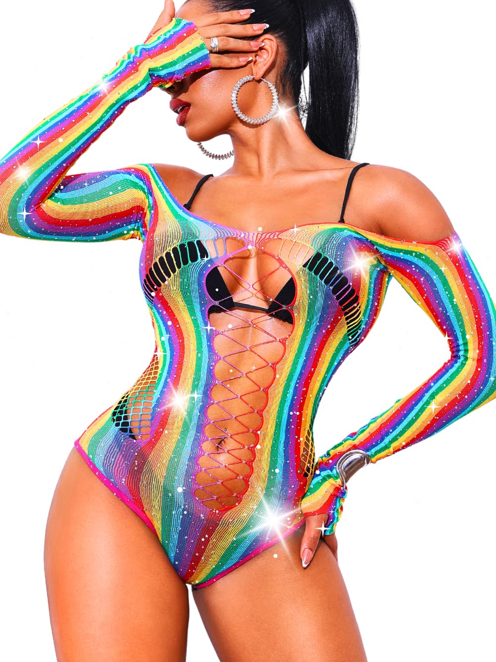 Kaei&Shi Rave Outfits For Women, Rainbow Rhinestone Bodysuit Fit 0-16, Exotic Fishnet Stripper Dance, Plus Size Sexy Lingerie