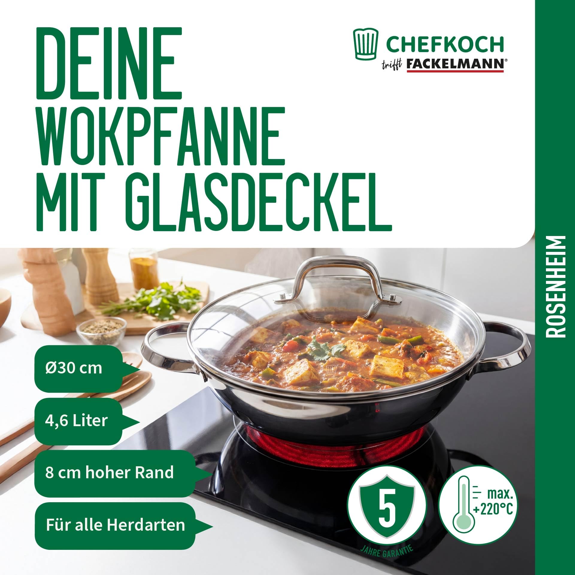 FACKELMANN Chefkoch trifft Wokpfanne Rosenheim – Ø30 cm, Glasdeckel inkl. Dampföffnung und Aluminiumkern, Aus Edelstahl mit hitzebeständigem Gussgriff, für alle Herdarten, Spülmaschinengeeignet