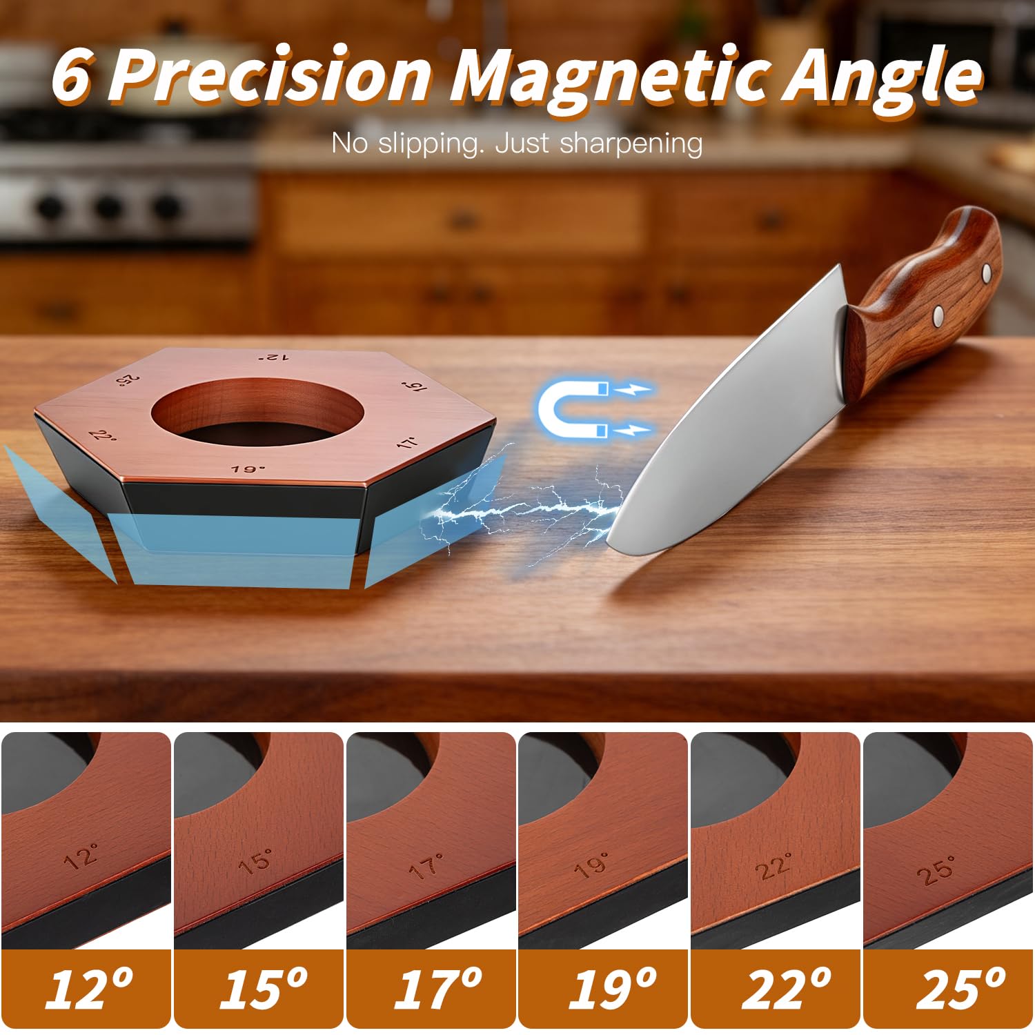 Rollschleifer Messerschärfer mit 6 Magnetwinkeln (12°/15°/17°/19°/22°/25°), 4 Diamant-Schärfklingen für jede Stahlhärte, 400 & 1000 Grit – Präzisions-Schärfwerkzeug für gerade Kanten, Geschenkbox