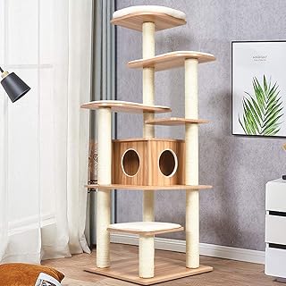 Tangkula Modern Wood Cat Tree, 69-Inch Cat Tower with Multi-Layer Platform, Tall Cat Tree with Sisal Rope Scratching Posts, Cat Condo Furniture w/Washable Plush Cushions for Large Cats Kittens