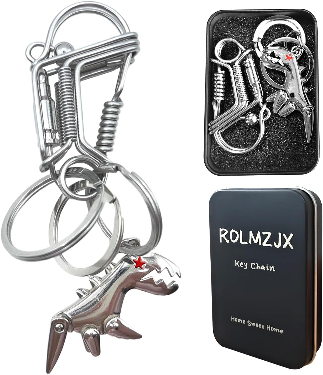 Handmade Metal Keychains, Car Key Chain, Stainless Key Chain With Small Dinosaur Pendant, Chain Ring Clip Holder Organizer for Home Car Keys Key Finder Women Men(Silvery)