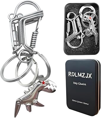 Handmade Metal Keychains, Car Key Chain, Stainless Key Chain With Small Dinosaur Pendant, Chain Ring Clip Holder Organizer for Home Car Keys Key Finder Women MenSilvery