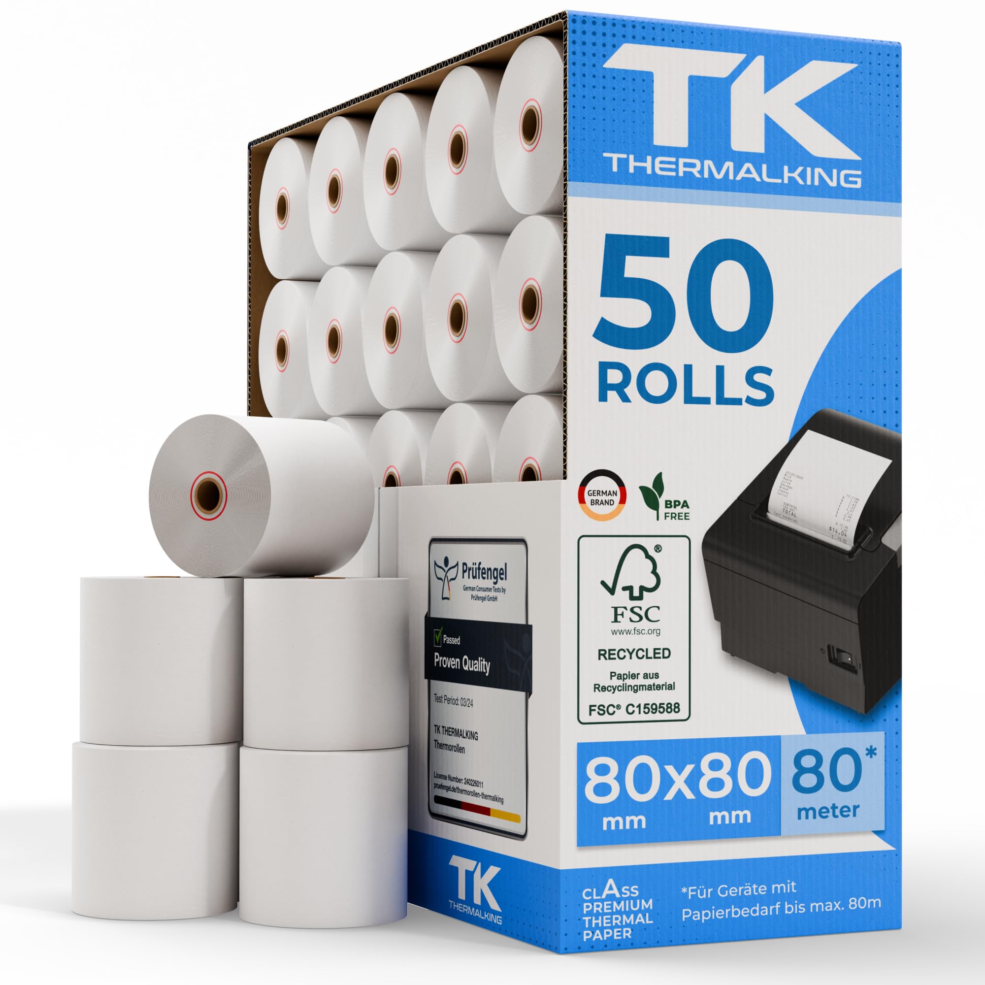 Thermorollen 80x80x12 mm Bonrollen BPA-frei 50 Stk f. Kasse | Geeignet für Drucksysteme mit Papierbedarf bis 80 m · BPA-frei · FSC · deutsche Marke · für POS-Kassen & Bondrucker