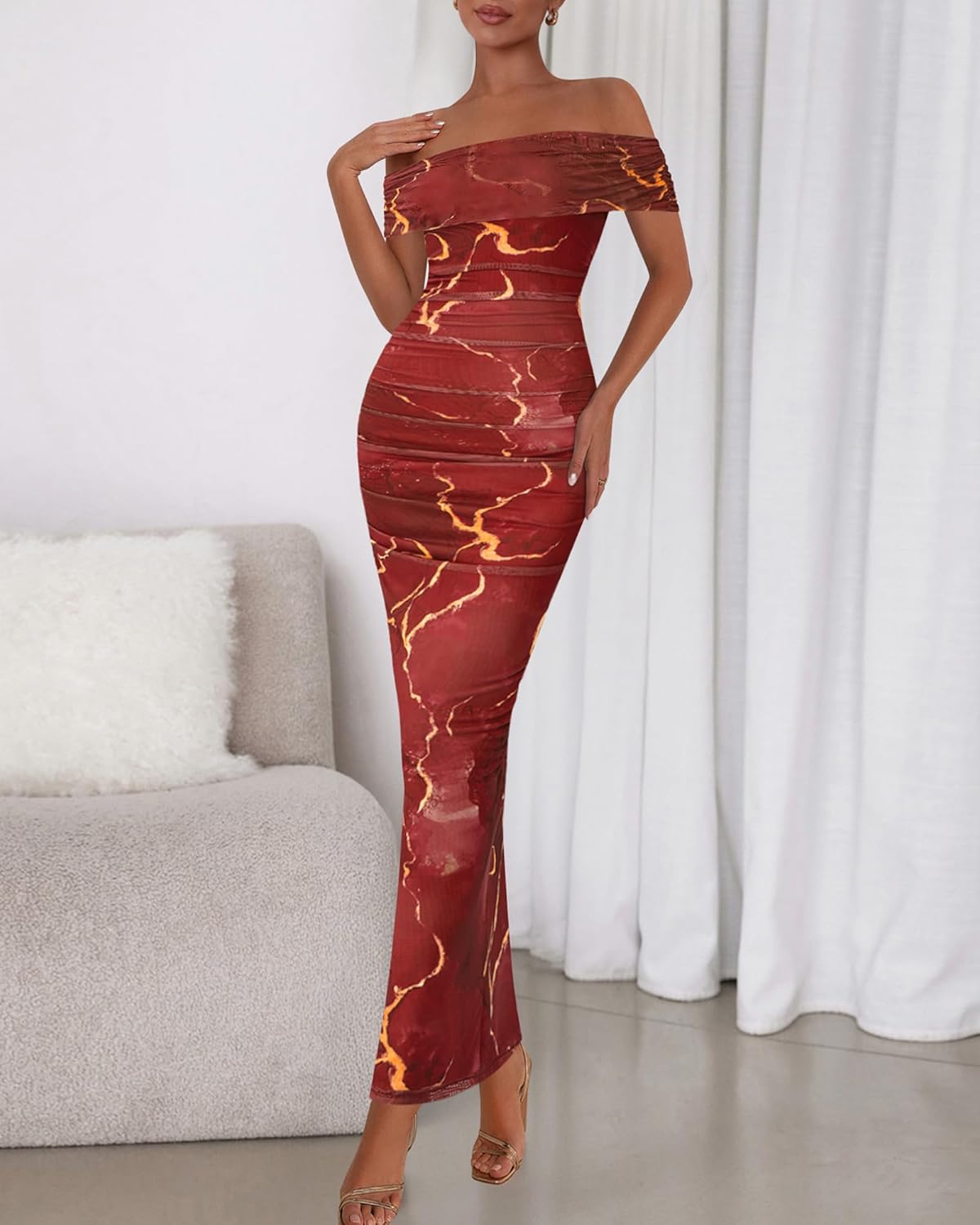 BTFBM Cocktail Dresses for Women 2026 Elegant Classy Off Shoulder Bodycon Mesh Slit Floral Maxi Spring Summer Dress - Image 5