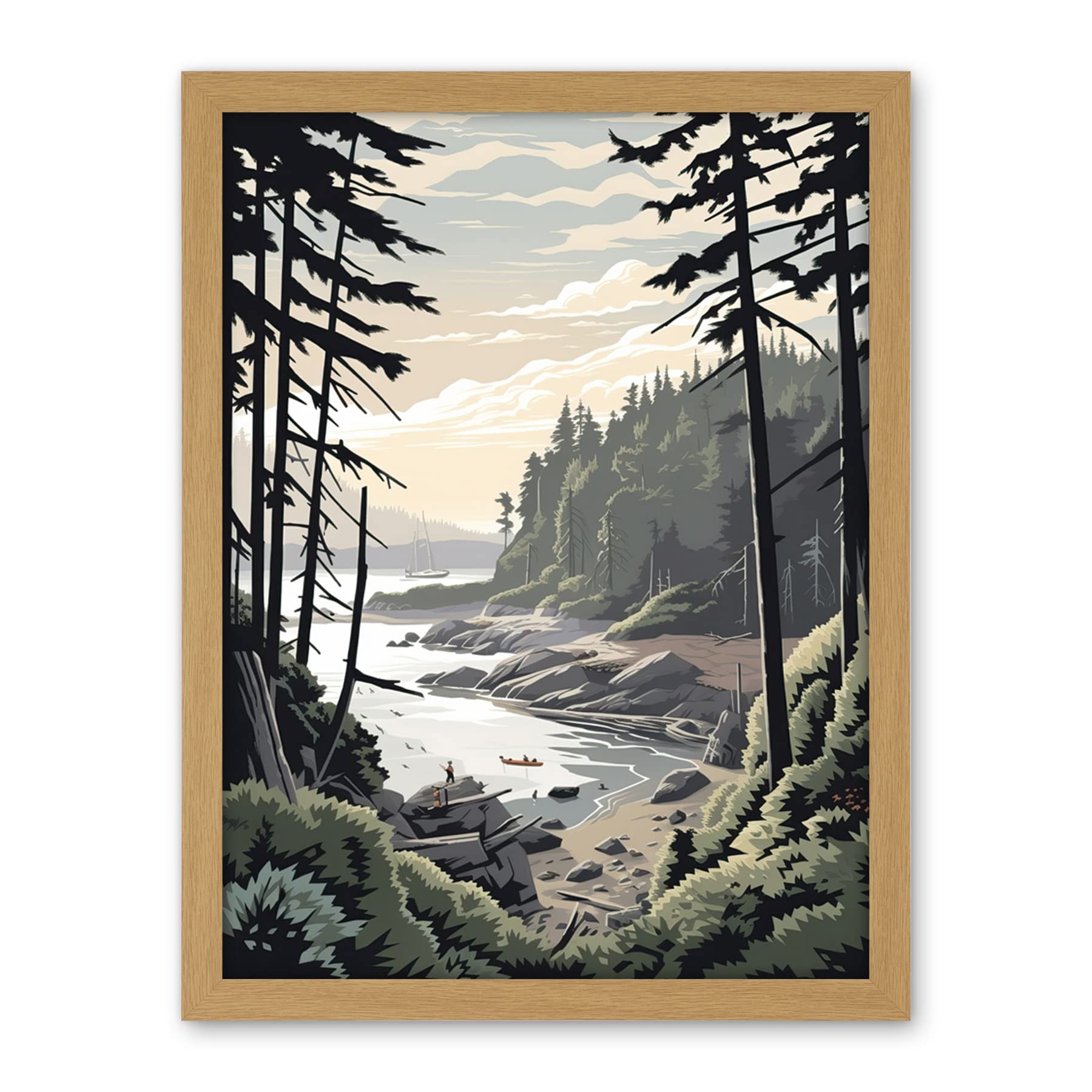 Artery8 Great Bear Rainforest Hikers Coastal Landscape Artwork Framed Wall Art Print 18X24 Inch