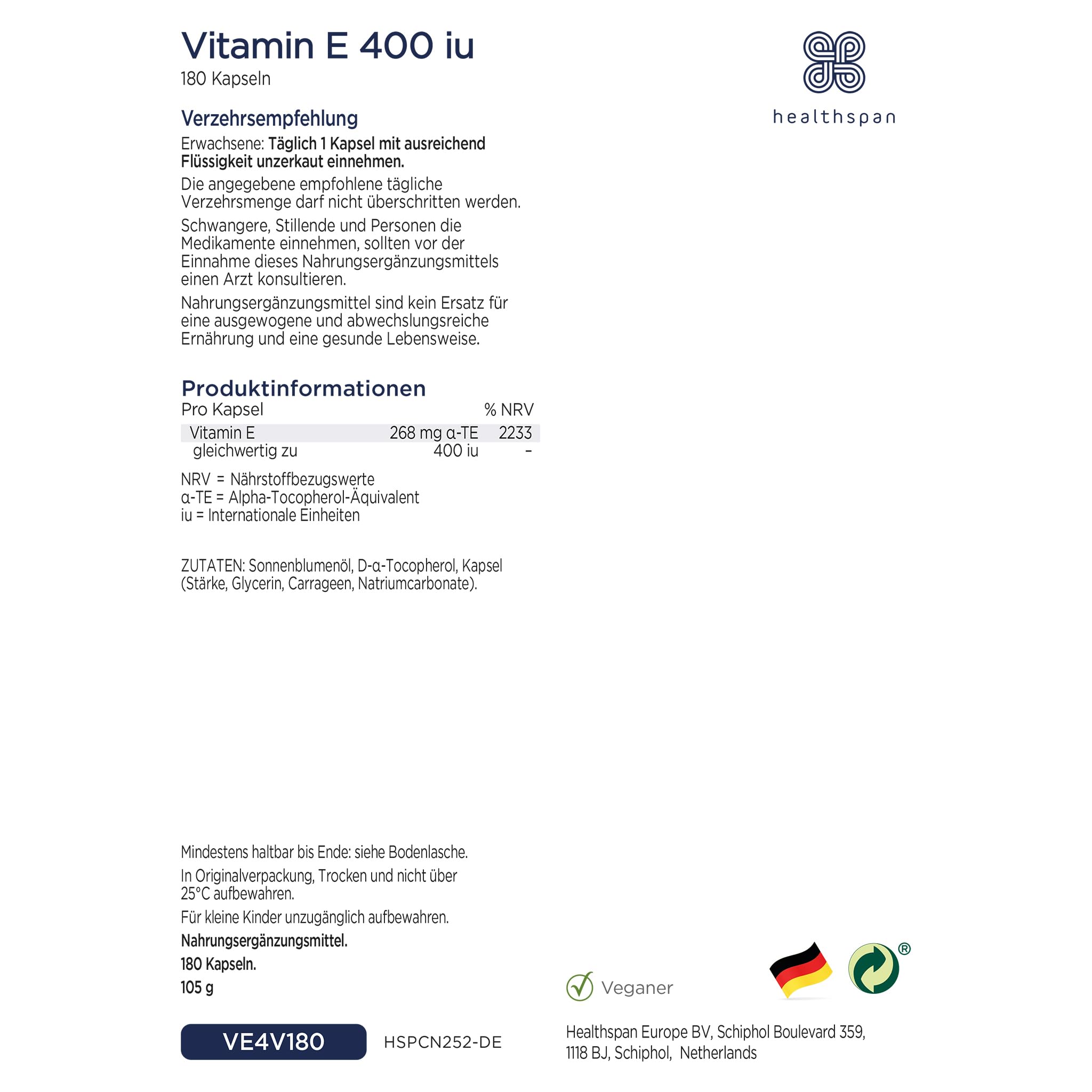 Healthspan Vitamin E 400iu | Hochwirksame Formel zur Bekämpfung von Zellschädigung und Unterstützung der Immungesundheit & Haut | Hochwertige Antioxidans-Unterstützung | Vegan | 180 Kapseln