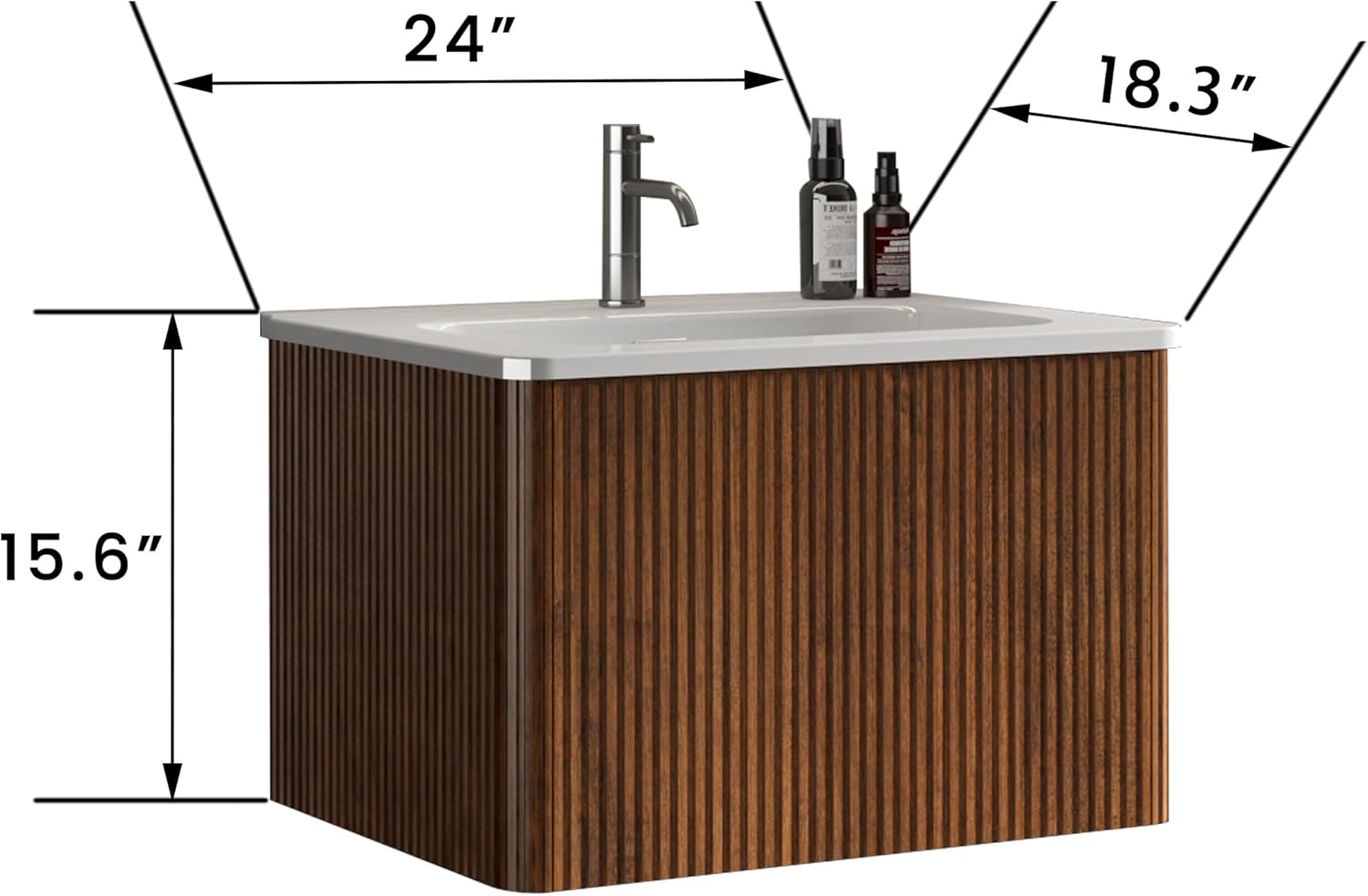 24" Floating Bathroom Vanity with Sink Modern Fluted Bathroom Vanity Set with White Ceramic Basin &Storage Drawer Wall Mounted Vanity Sink Cabinet for Small Space,Walnut