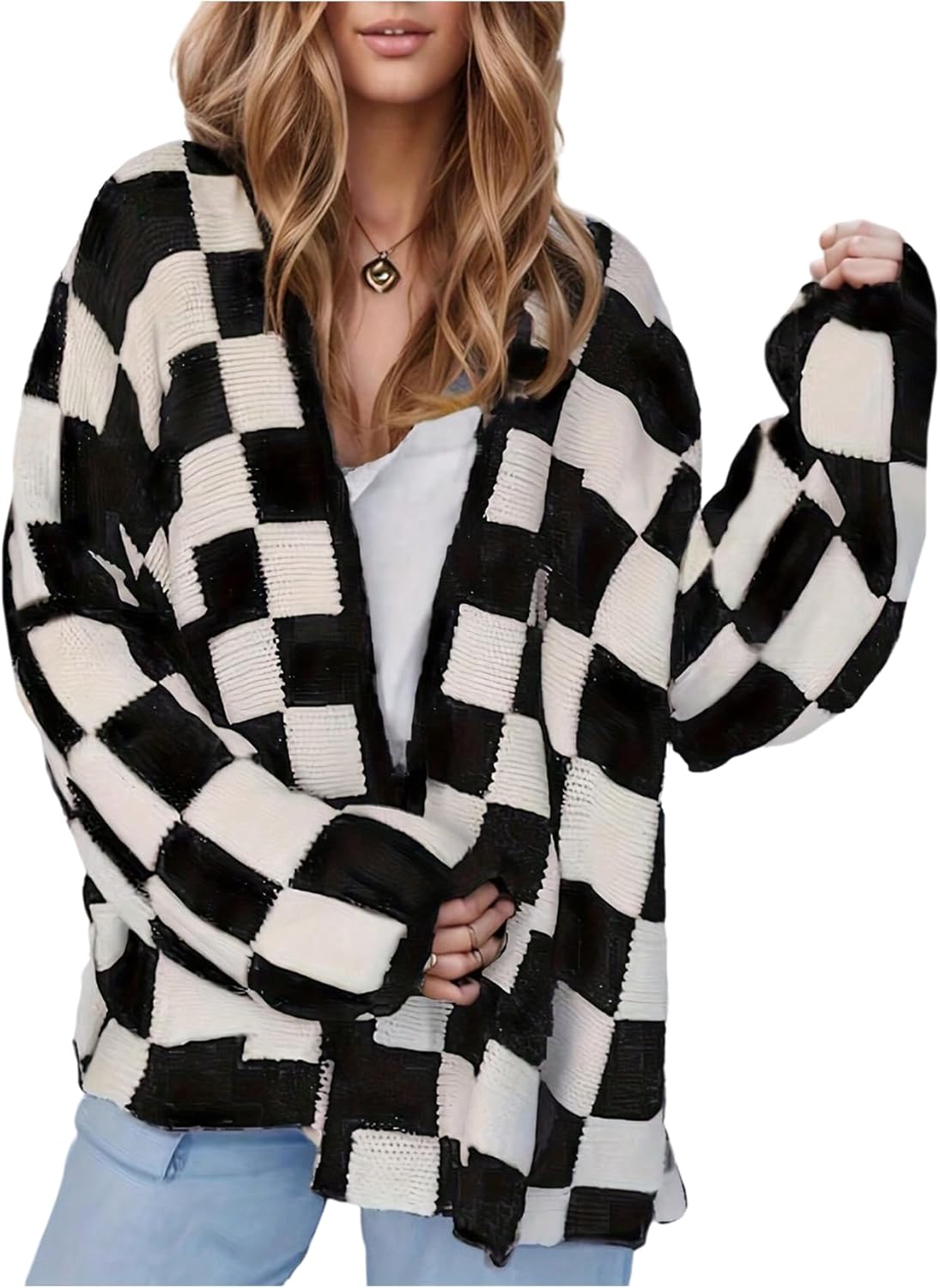 WDIRARA Women's Plaid Checkered Open Front Cardigan Sweaters Long Sleeve Knit Outerwear