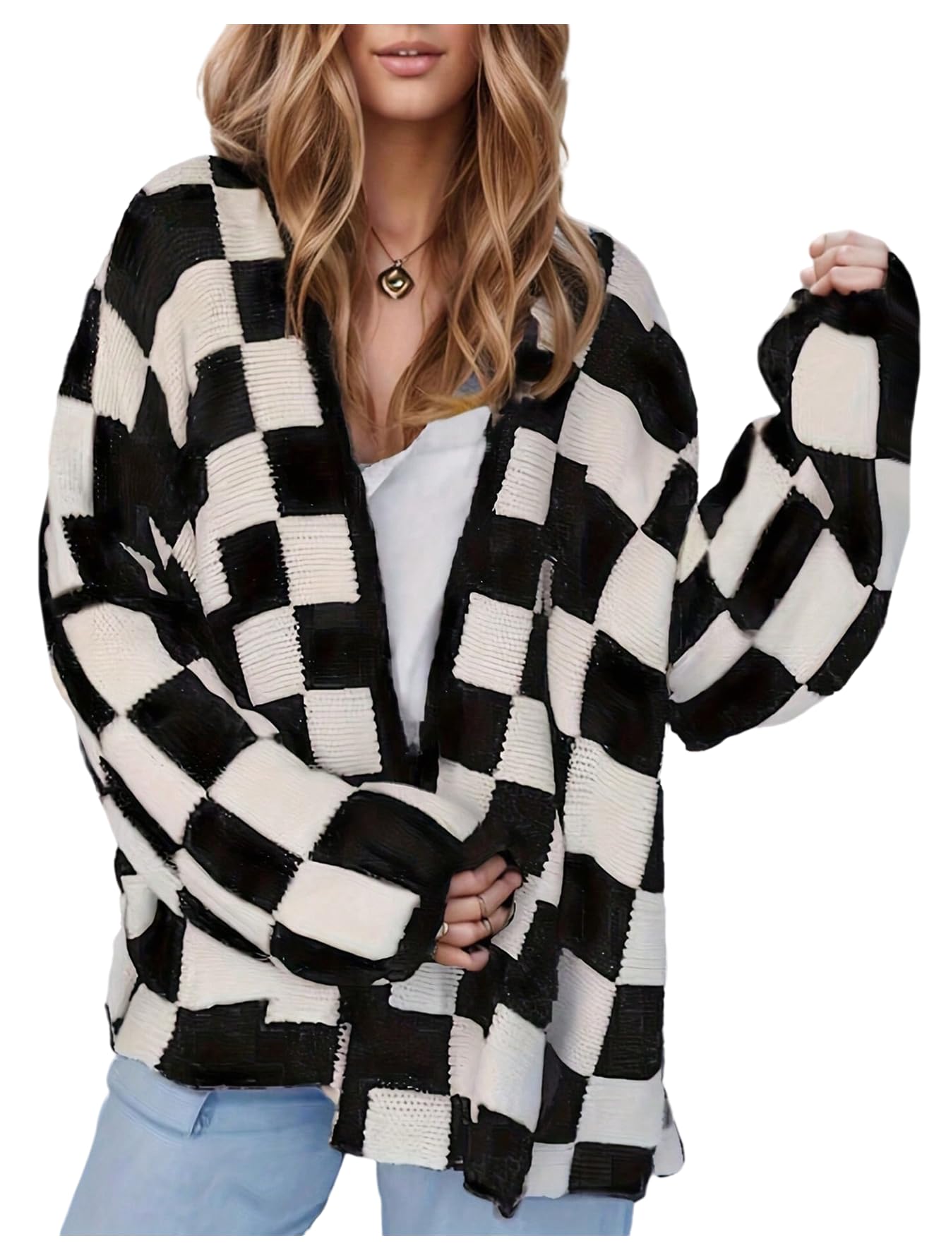 WDIRARA Womens Plaid Checkered Open Front Cardigan Sweaters Long Sleeve Knit Outerwear
