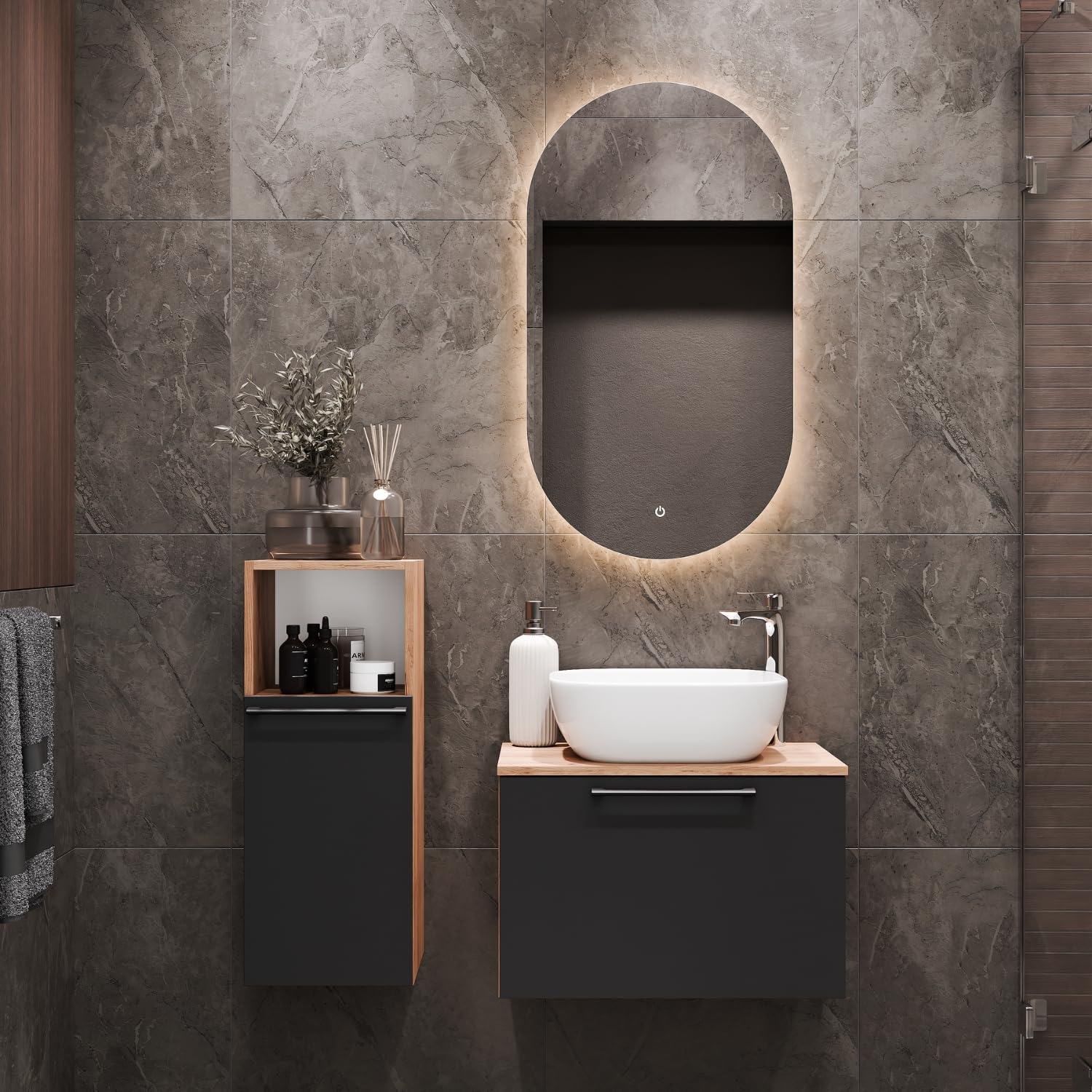 Planetmöbel Astra Ensemble Meuble Salle de Bain avec Meuble sous lavabo 60 cm, 1 Armoire Moyenne chêne doré Anthracite, sans Vasque à Poser