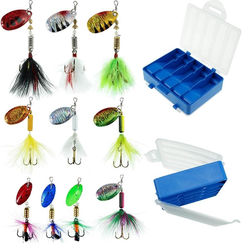 10pcs Spinner Lures Baits with Tackle Box, Bass Trout Salmon Hard Metal Rooster Tail Fishing Lures Kit
