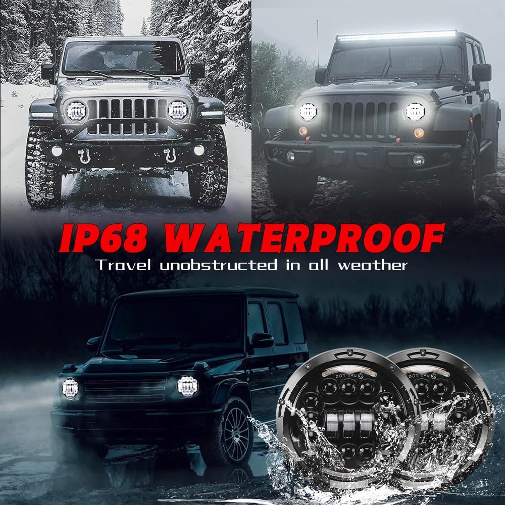 7-inch H6024 LED Headlights,Fit for Hummer H2 2003 2004 2005 2006 2007 2008 2009 Truck,High/Low Sealed Beam+Hi/Lo Beam 6500K White DRL Halo and Amber Turn Signal, with Adapter, 2 -Pack