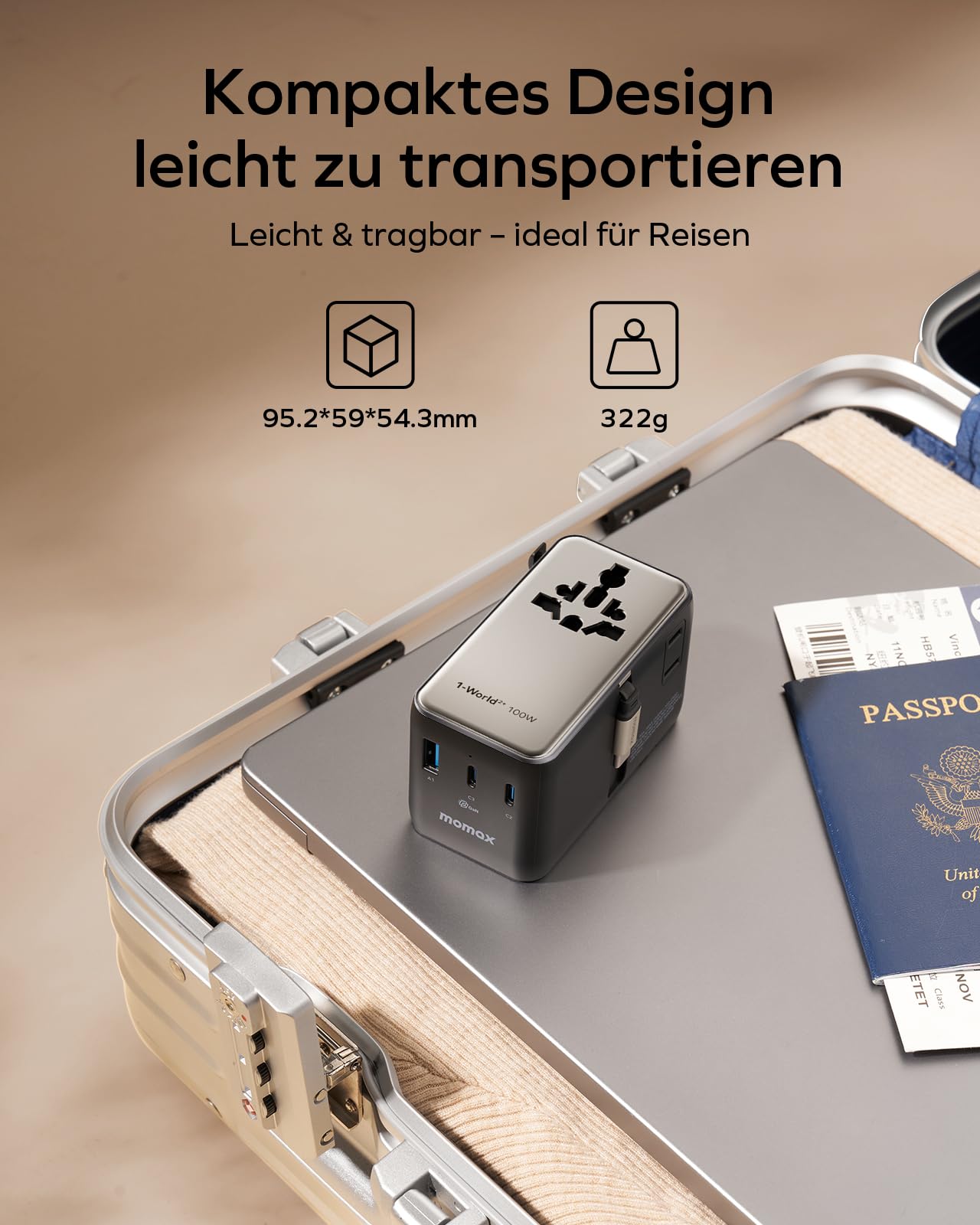 MOMAX 100W Reiseadapter Weltweit mit Ausziehbarem Kabel, Travel Adapter Worldwide mit 2 AC, 3 USB C und 1 USB A, Universal Adapter für Laptops und Handys - Titanium