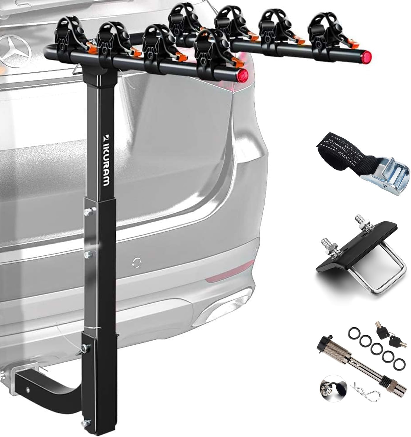 4 Bike Rack Bicycle Carrier Racks Hitch Mount Double Foldable Rack for Cars Truck SUV Fits 2" Receiver, Tie Down Strap, Anti-Rattle Hitch Tightener & Locking Hitch Pin 4-BIKE RACK + LOCK + STRAP