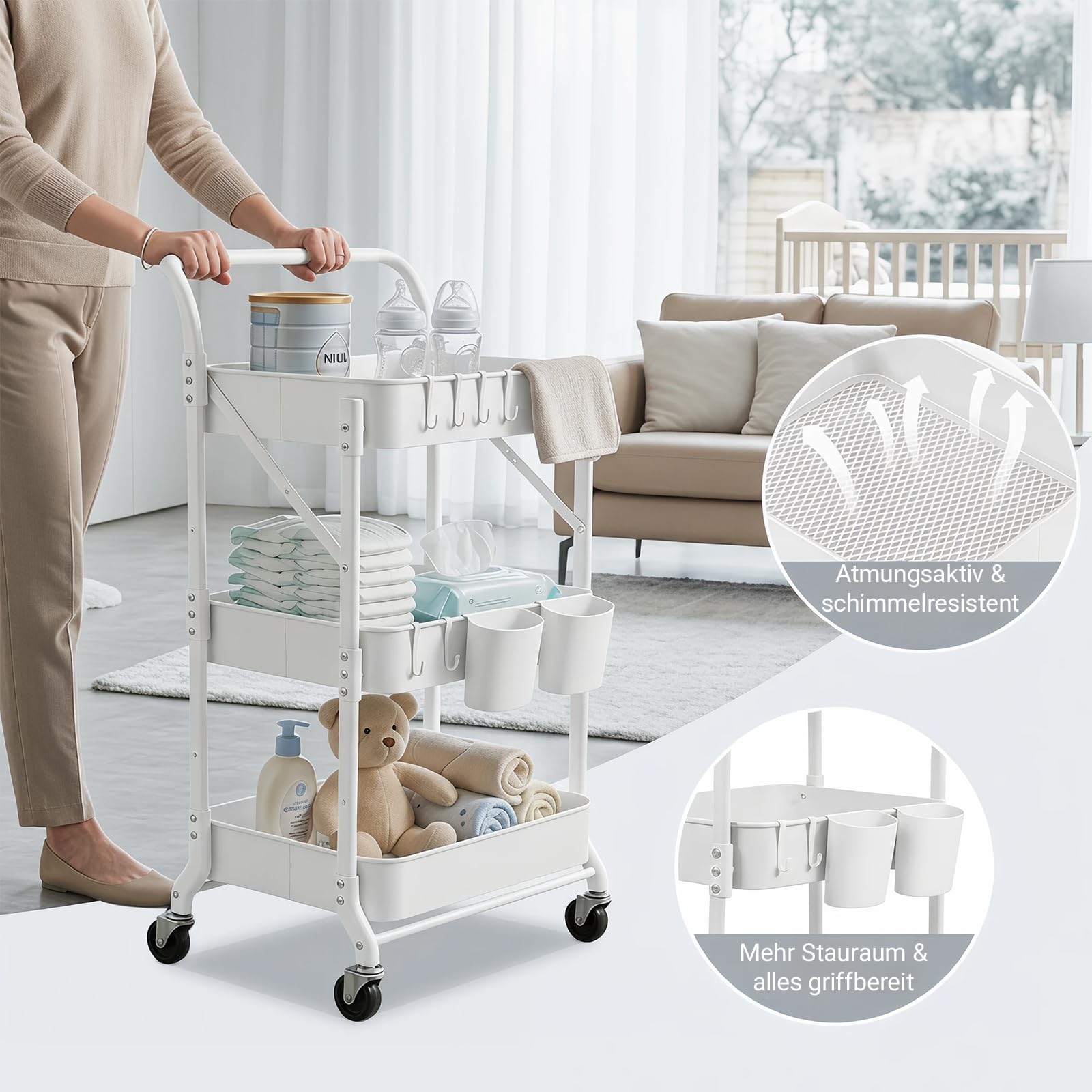 Amatic Carrello da cucina pieghevole a 3 ripiani, carrello da cucina, carrello da cucina, carrello da cucina, carrello da cucina, carrello per salone, bianco, 45 x 31 x 93 cm