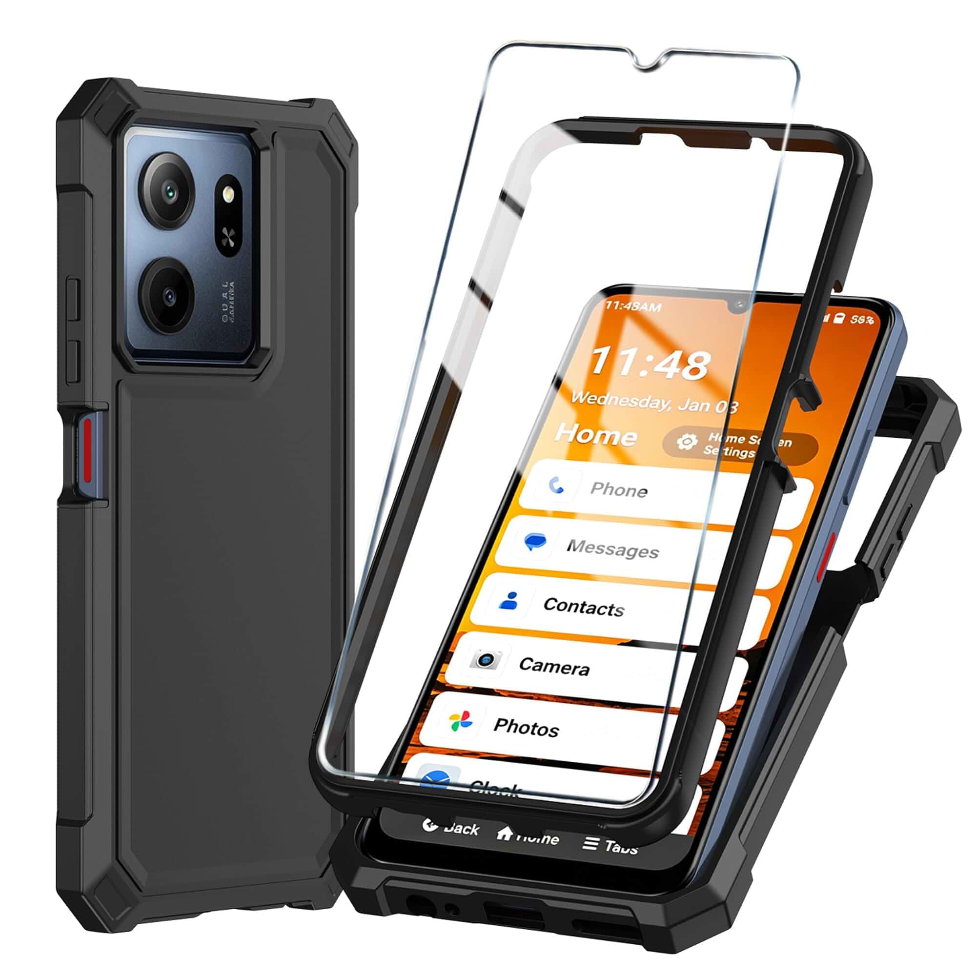 for Consumer Cellular Iris Connect 2/SpeakEasy Smart Phone Case Black with Tempered Glass Screen Protector,Slim Soft Silicone Full-Body Protective Cover