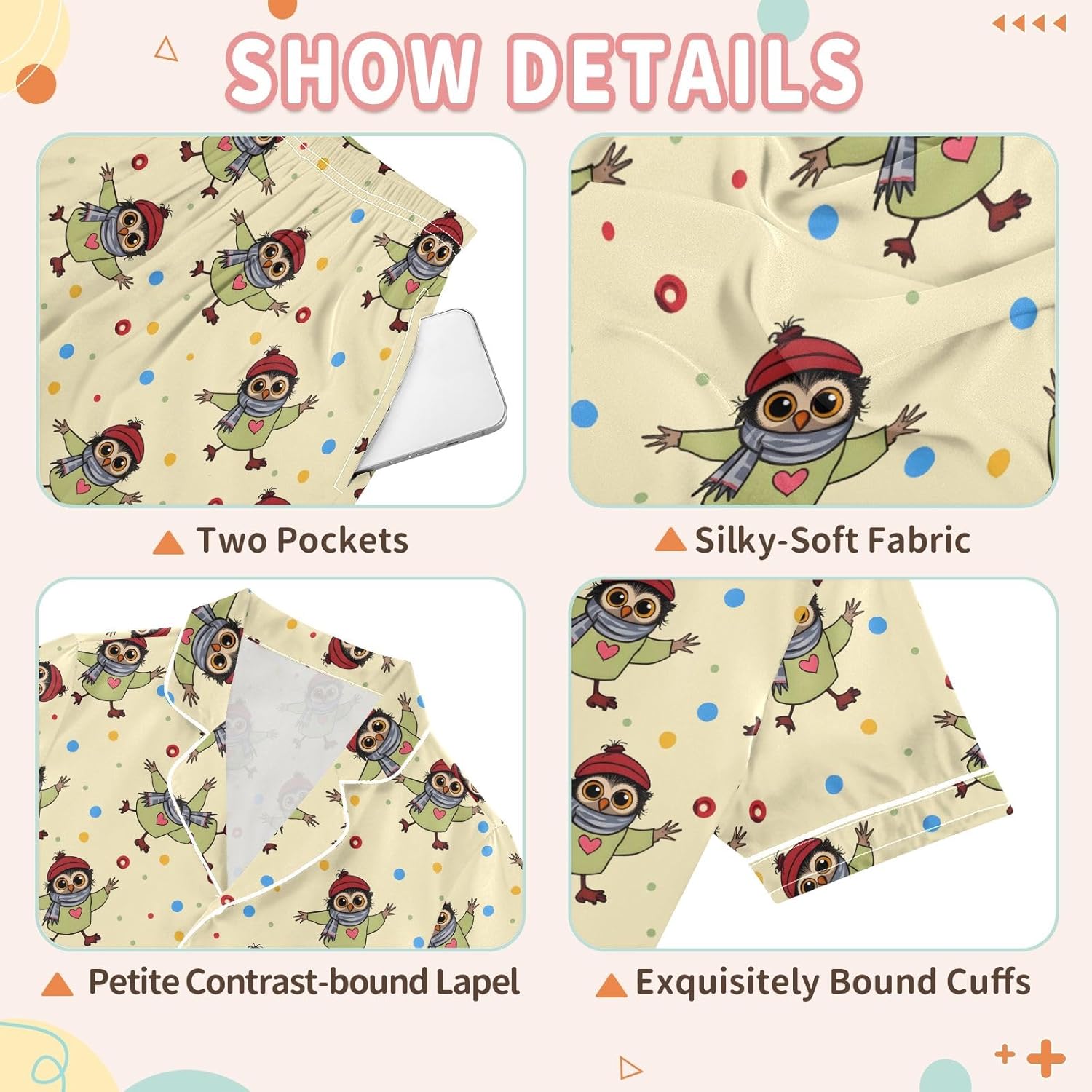 Kids Satin Wear Set Owl Hats Pattern Relaxing Clothing Short Sleeve and Shorts