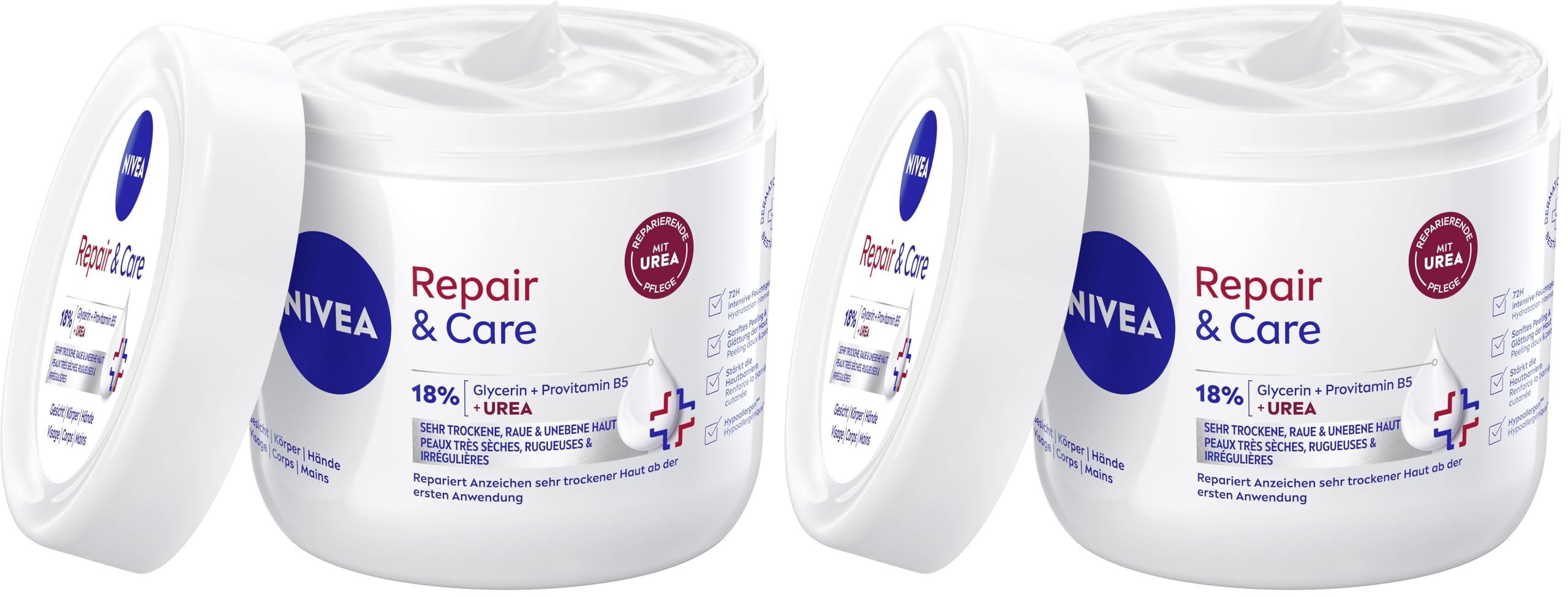 NIVEA Repair & Care Creme Glycerin + Urea (400 ml), intensiv pflegende Creme für 72h Feuchtigkeit, schnell einziehende Urea Creme für sehr trockene, raue & unebene Haut (Packung mit 2)