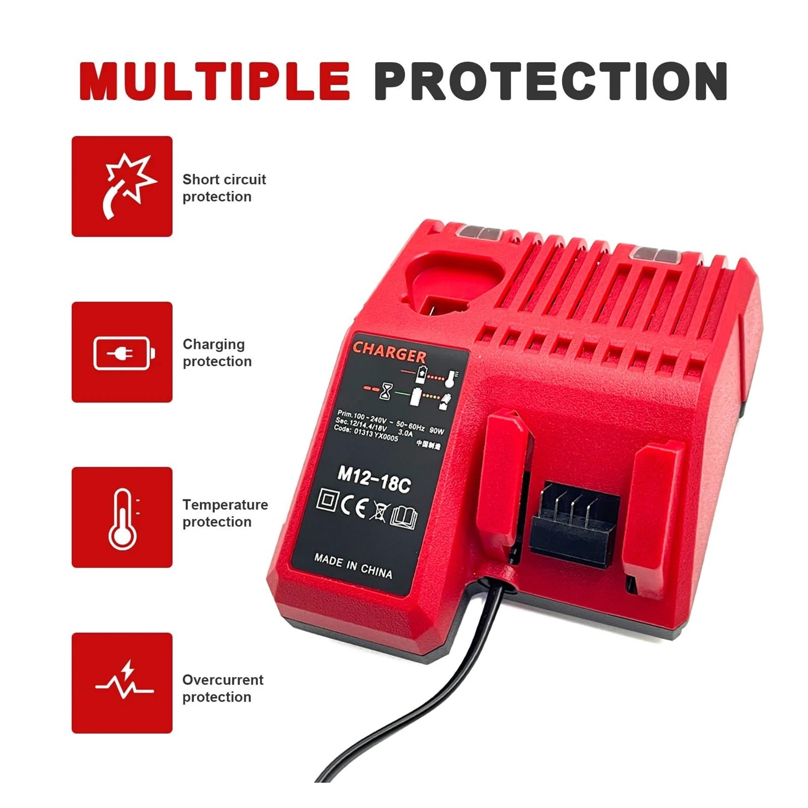 M12-18C Caricabatteria agli ioni di litio compatibile for Milwaukee 12 V 14.4 V 18 V C1418C 48-11-1815/1828/1840 M18 M14 M12 Batteria al litio(UK Plug)