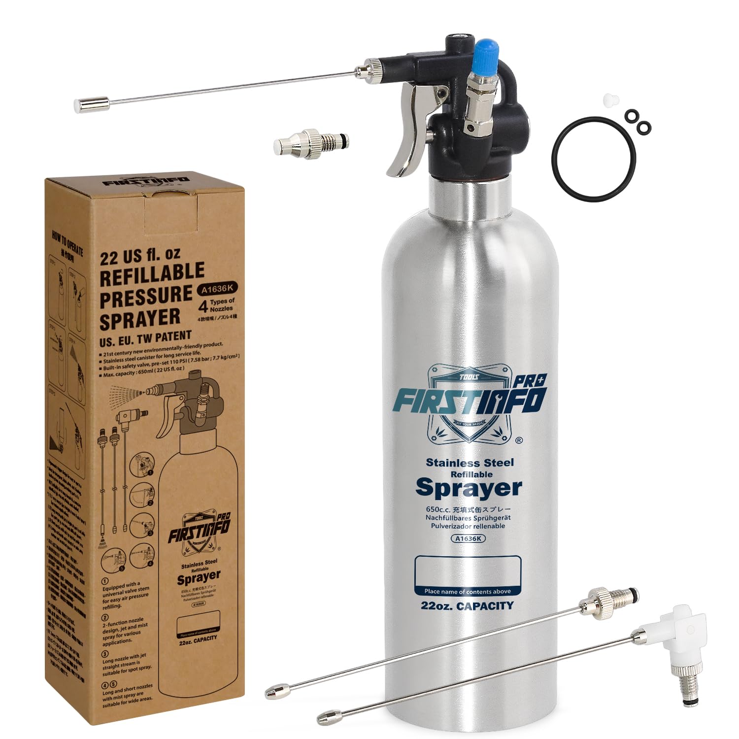 Firstinfo Tools Fit Your Needs Stainless Steel W/ 4 Nozzles Firstinfo 650Ml Stainless Steel Refillable Brake Cleaner Sprayer, A1636k