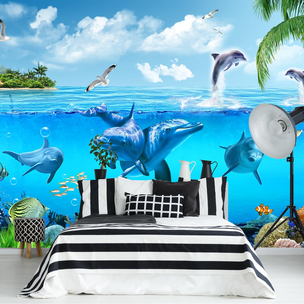 Ocean Wallpaper White Gull Dolphin Wall Mural for Bedroom Living Room (Not Peel n‘ Stick)