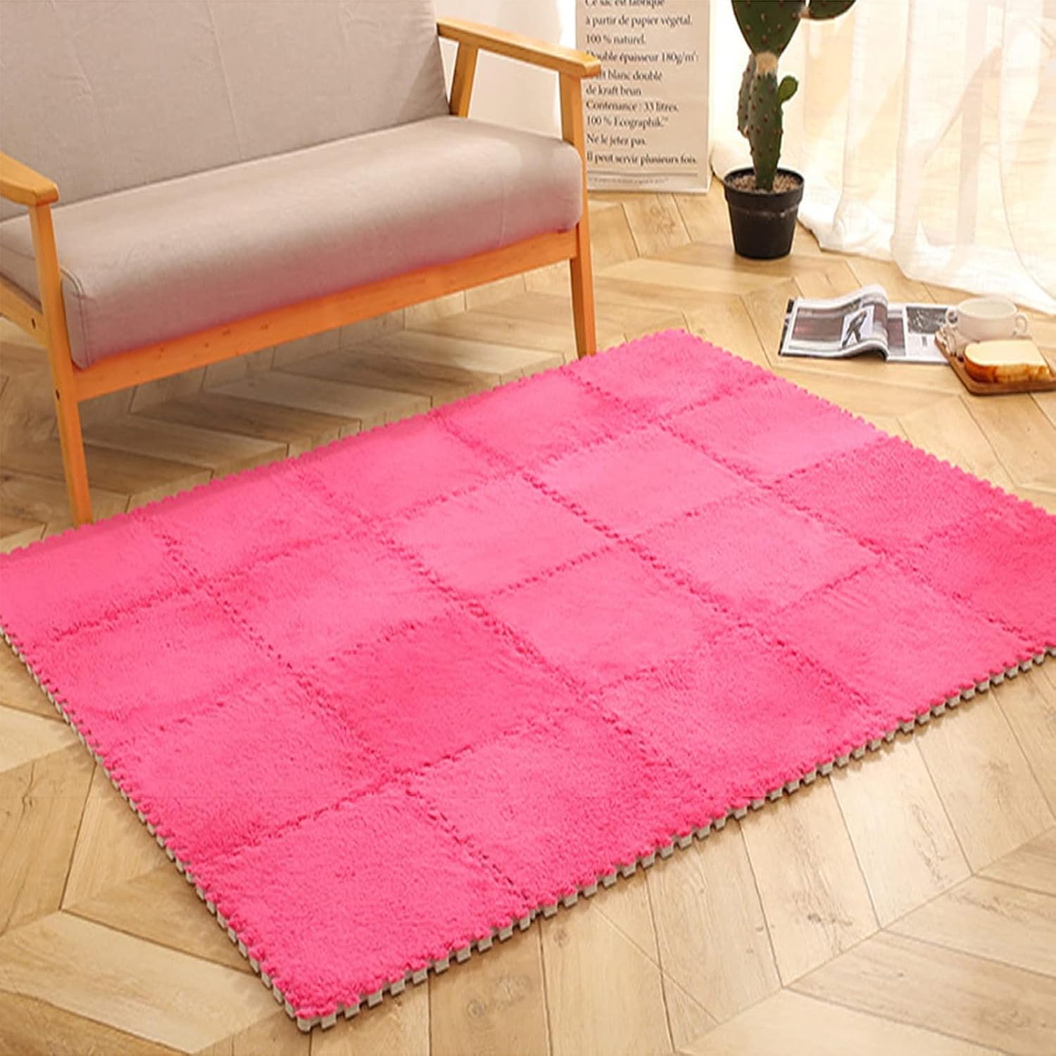 Plush Interlocking Carpet Tiles 10pcs Plush Foam Floor Mat, Square Interlocking Floor Mat Tiles, Bedroom Crawling Mats, Plush Interlocking Carpet Blocks(Rose Red)