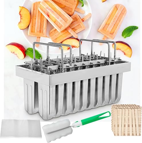 Dyna-Living 20 moldes de acero inoxidable para paletas de hielo comerciales con ranura, soporte para palillos con tapa, capacidad de taza individual