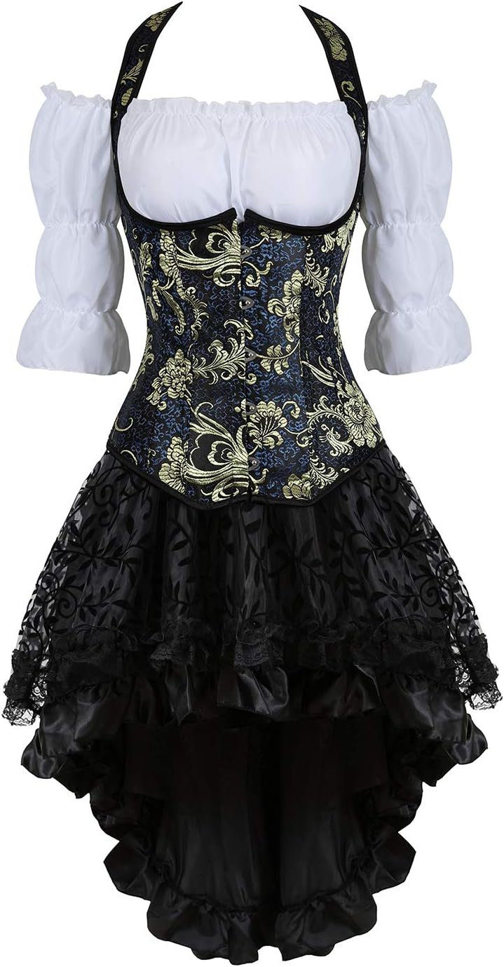 Grebrafan Steampunk Corsets Bustiers Skirt Blouse Set 3 piece Strap Corset Outfits for Women