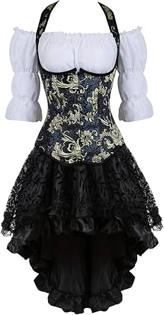 Grebrafan Steampunk Corsets Bustiers Skirt Blouse Set 3 piece Strap Corset Outfits for Women