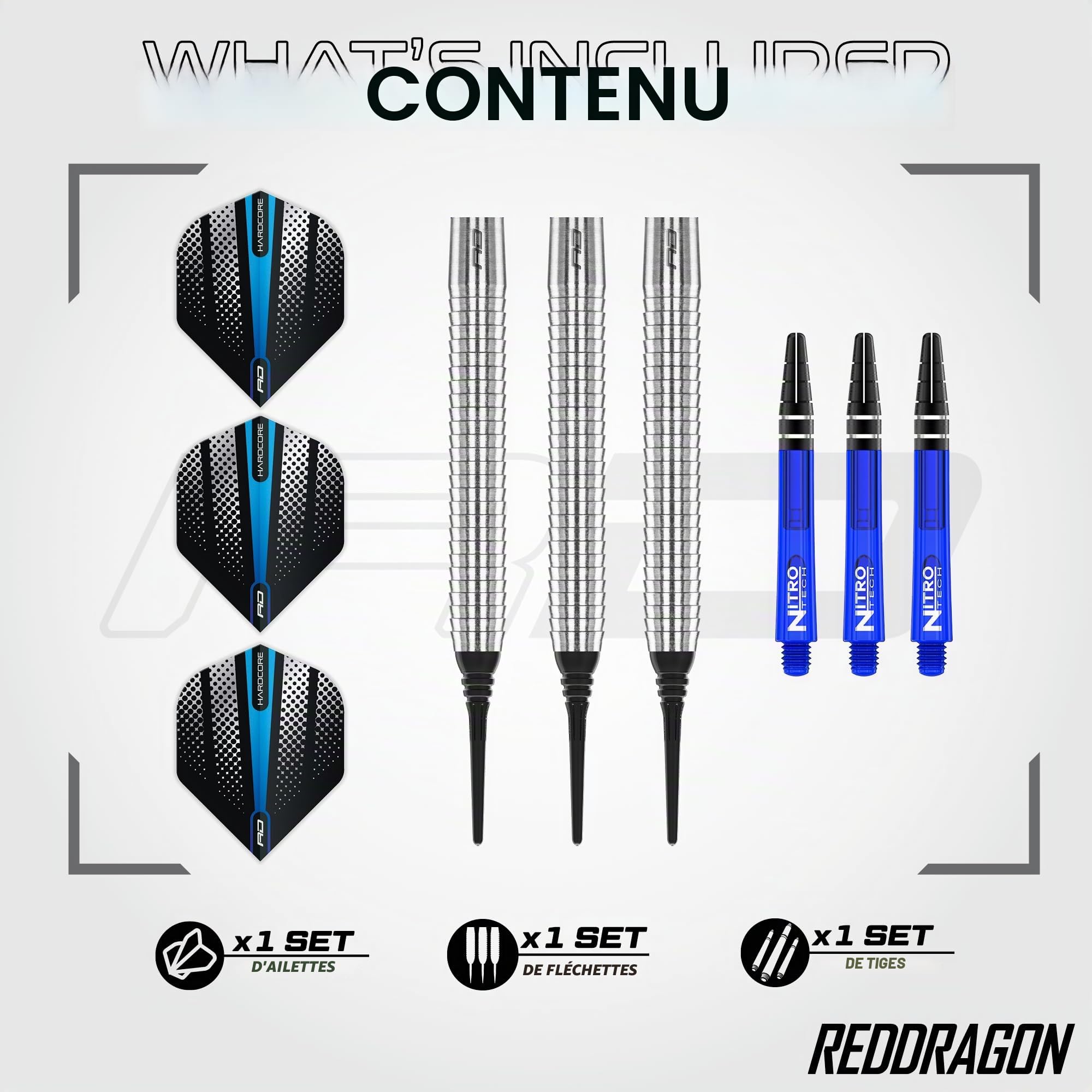 RED DRAGON Flechette Pointe Plastique 20g Razor Edge Fléchettes Softip 85% Tungstene | Flechettes pour Cible Electronique | 3 x Fléchette Professionnelle | 3 x Hardcore Ailettes | 3 x Nitro Tech Tiges