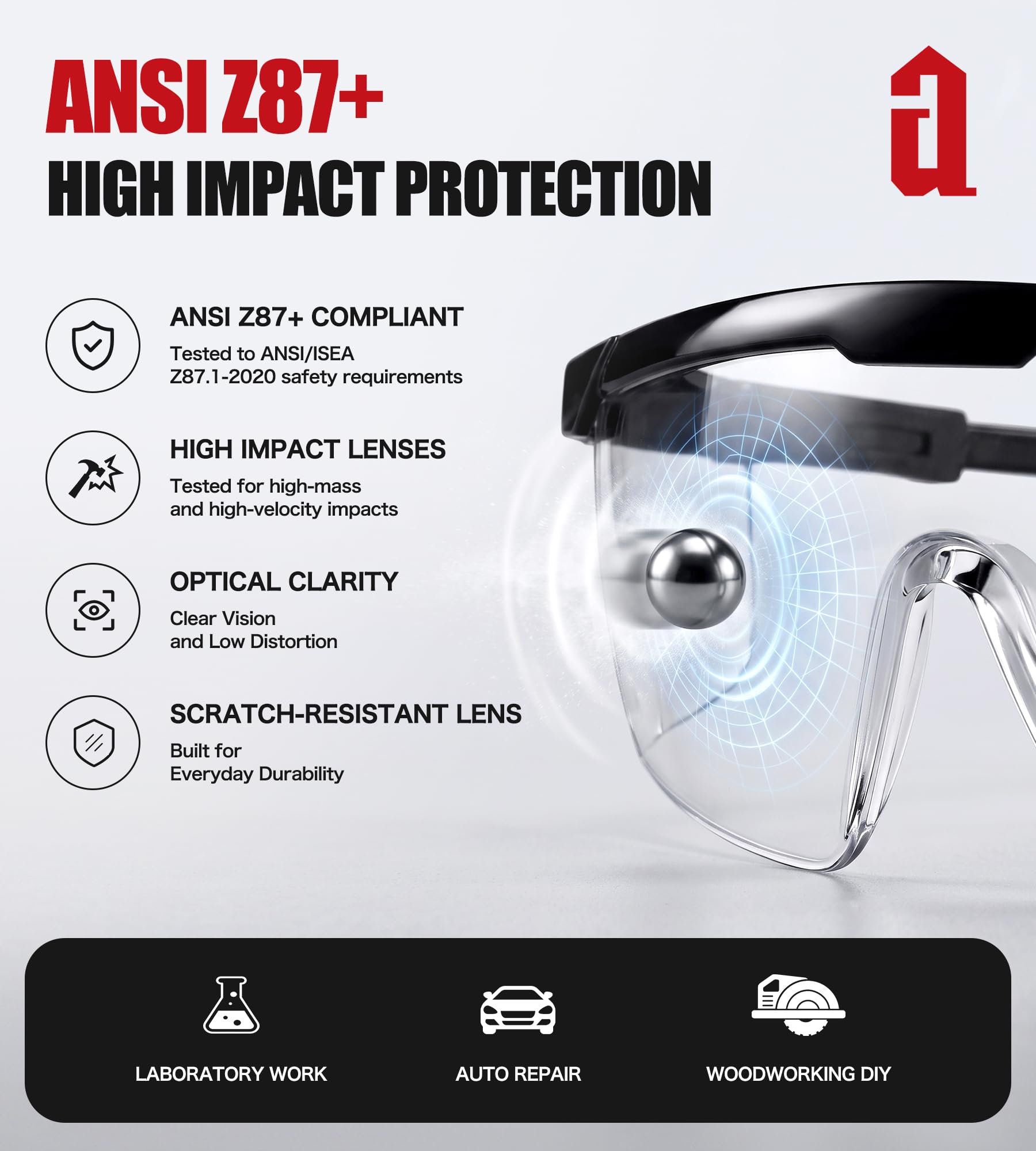 AnTools 2-pak okularów ochronnych ANSI Z87+, przeciwmgielne, odporne na zarysowania, regulowane zauszniki, przezroczyste okulary ochronne, okulary laboratoryjne